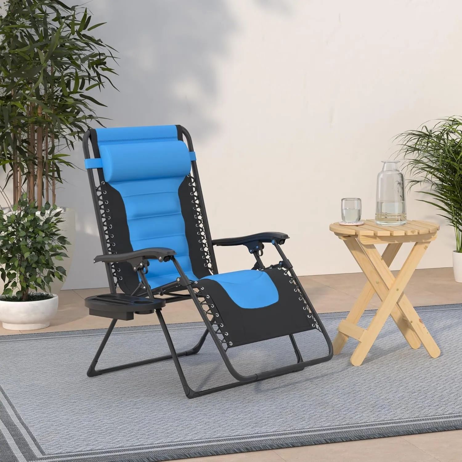 Best Choice Products Oversized Padded Zero Gravity Chair, Folding Outdoor Patio Recliner, XL Anti Gravity Lounger for Backyard w/Headrest, Cup Holder, Side Tray, Polyester Mesh - Black/Sky Blue