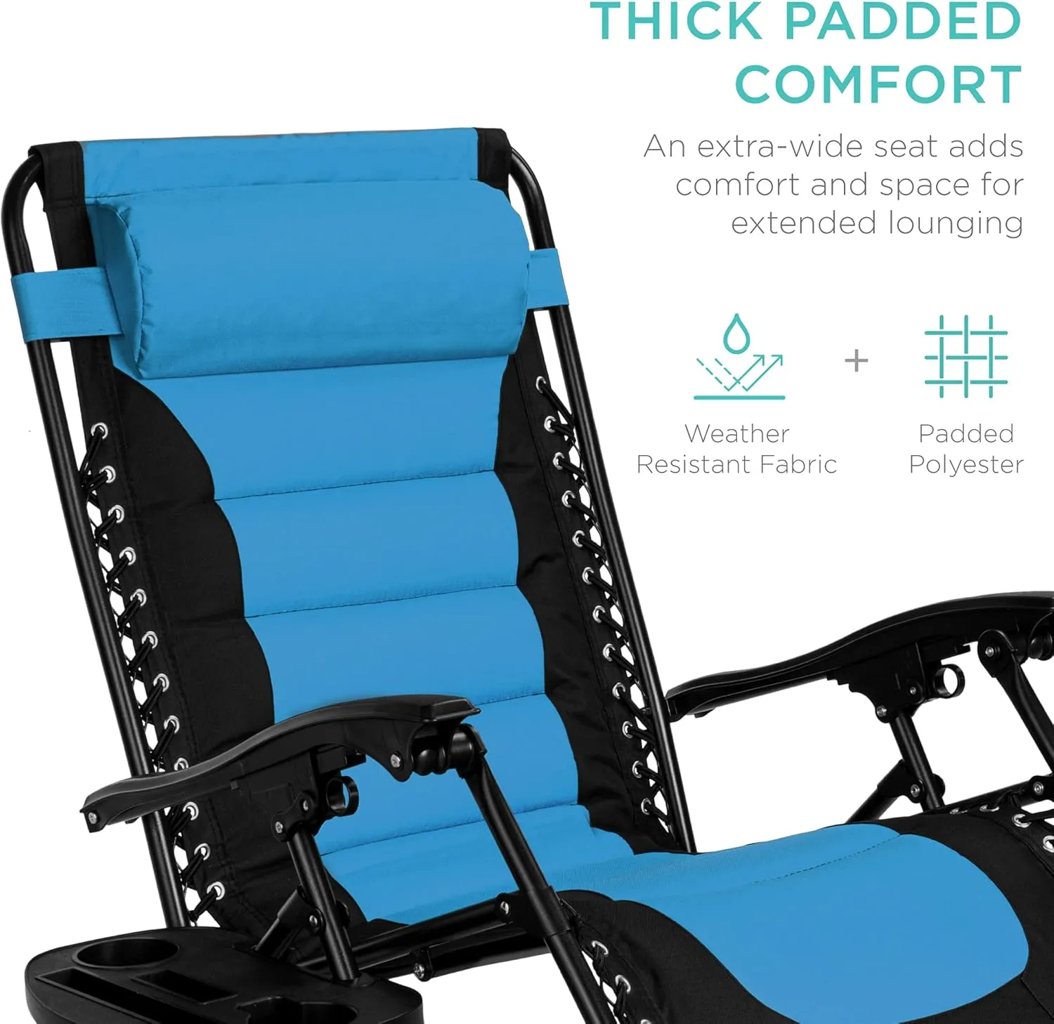 Best Choice Products Oversized Padded Zero Gravity Chair, Folding Outdoor Patio Recliner, XL Anti Gravity Lounger for Backyard w/Headrest, Cup Holder, Side Tray, Polyester Mesh - Black/Sky Blue