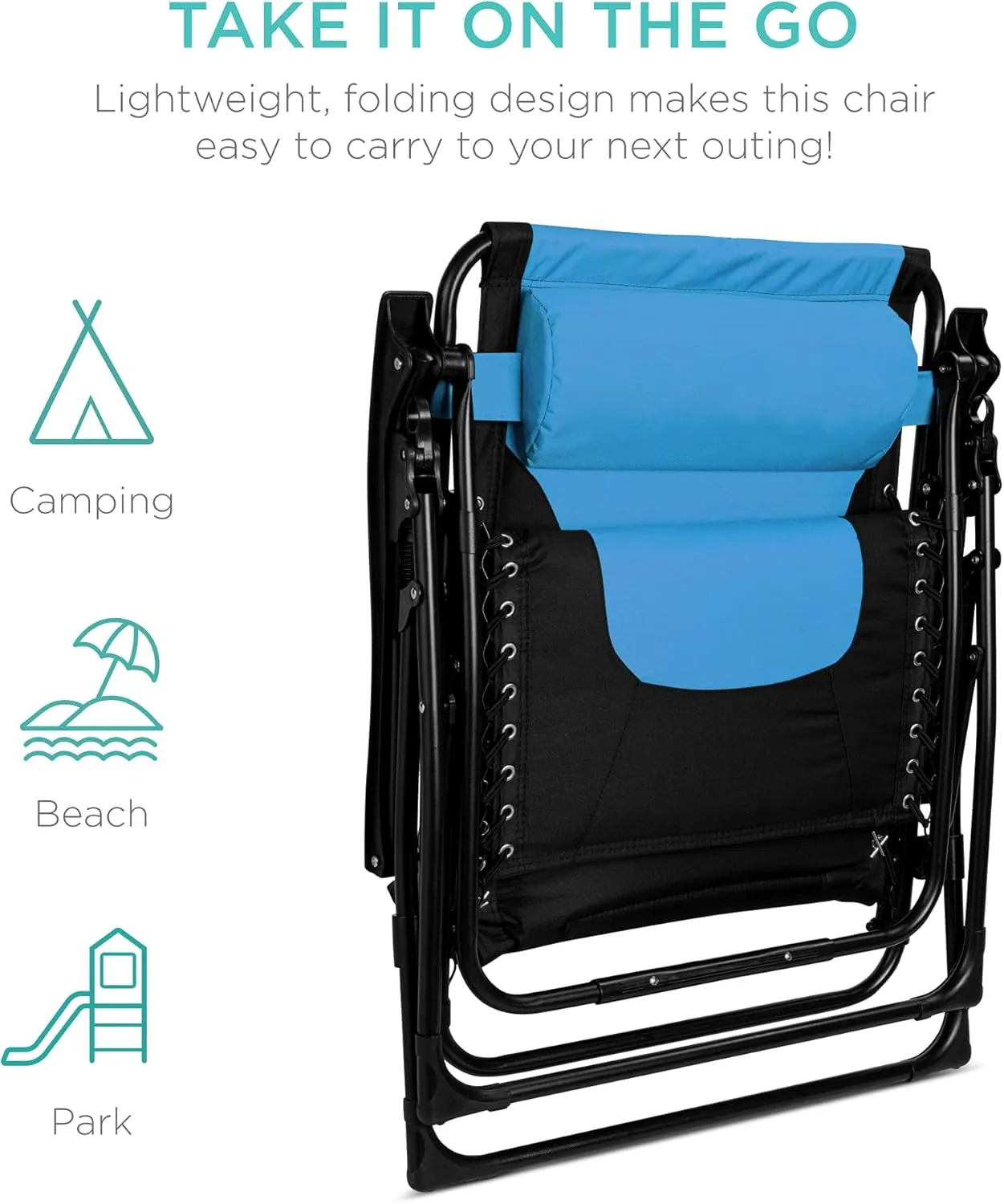 Best Choice Products Oversized Padded Zero Gravity Chair, Folding Outdoor Patio Recliner, XL Anti Gravity Lounger for Backyard w/Headrest, Cup Holder, Side Tray, Polyester Mesh - Black/Sky Blue