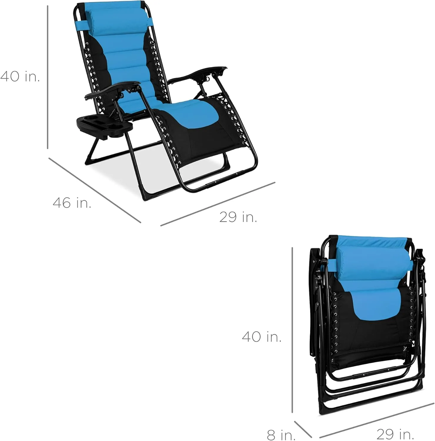 Best Choice Products Oversized Padded Zero Gravity Chair, Folding Outdoor Patio Recliner, XL Anti Gravity Lounger for Backyard w/Headrest, Cup Holder, Side Tray, Polyester Mesh - Black/Sky Blue