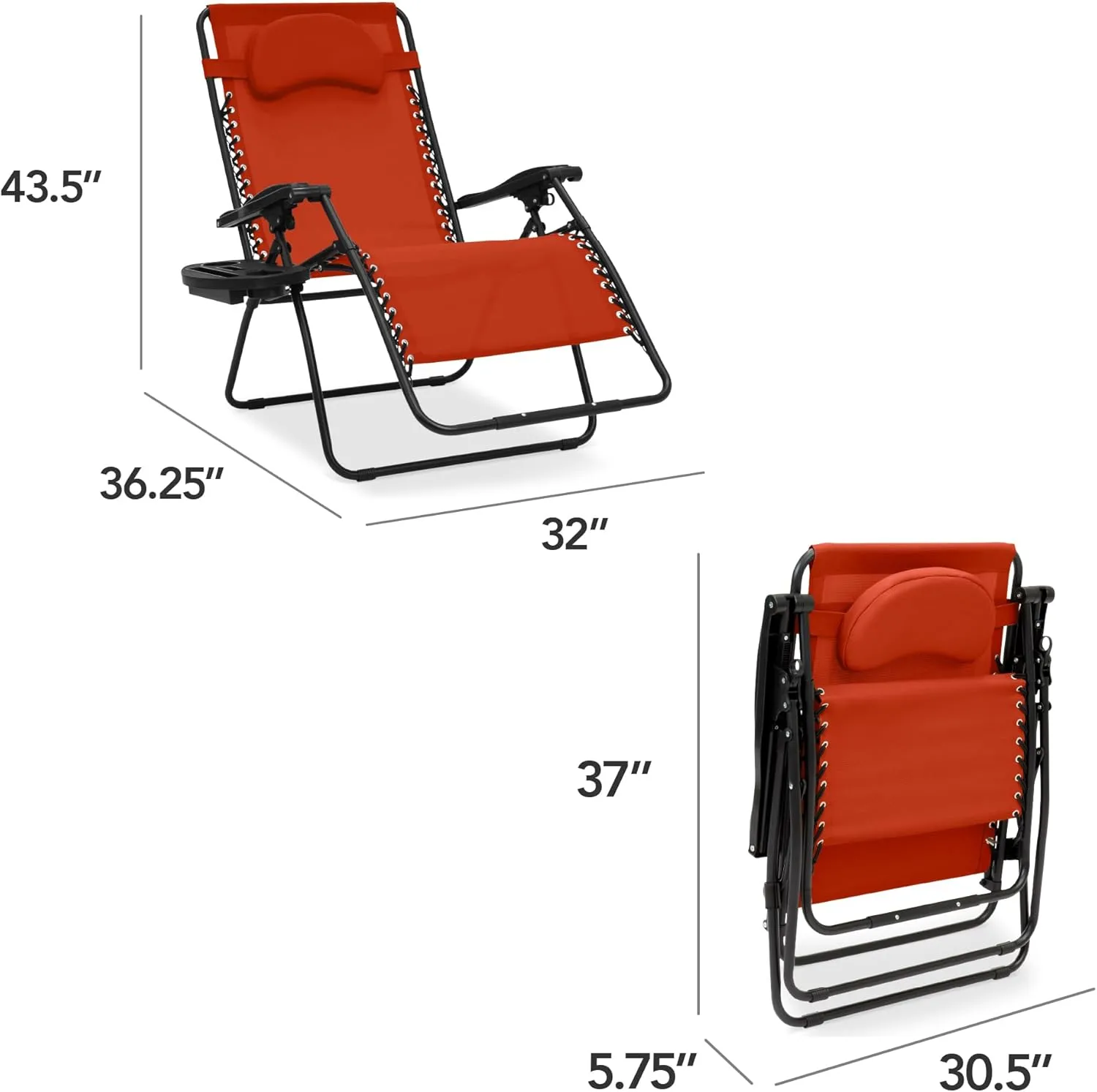 Best Choice Products Oversized Zero Gravity Chair, Folding Outdoor Patio Lounge Recliner w/Cup Holder Accessory Tray, Pillow - Burnt Orange