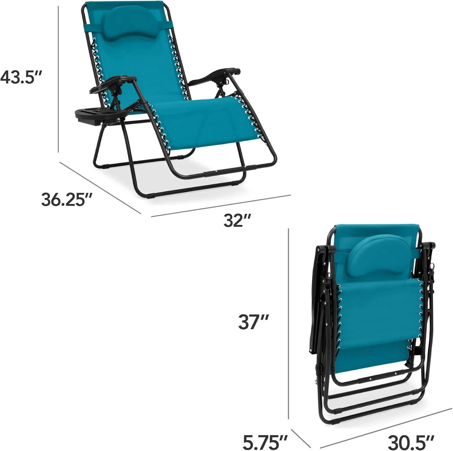Best Choice Products Oversized Zero Gravity Chair, Folding Outdoor Patio Lounge Recliner w/Cup Holder Accessory Tray, Pillow - Peacock Blue