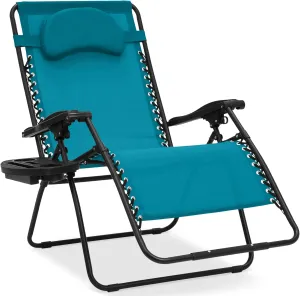 Best Choice Products Oversized Zero Gravity Chair, Folding Outdoor Patio Lounge Recliner w/Cup Holder Accessory Tray, Pillow - Peacock Blue
