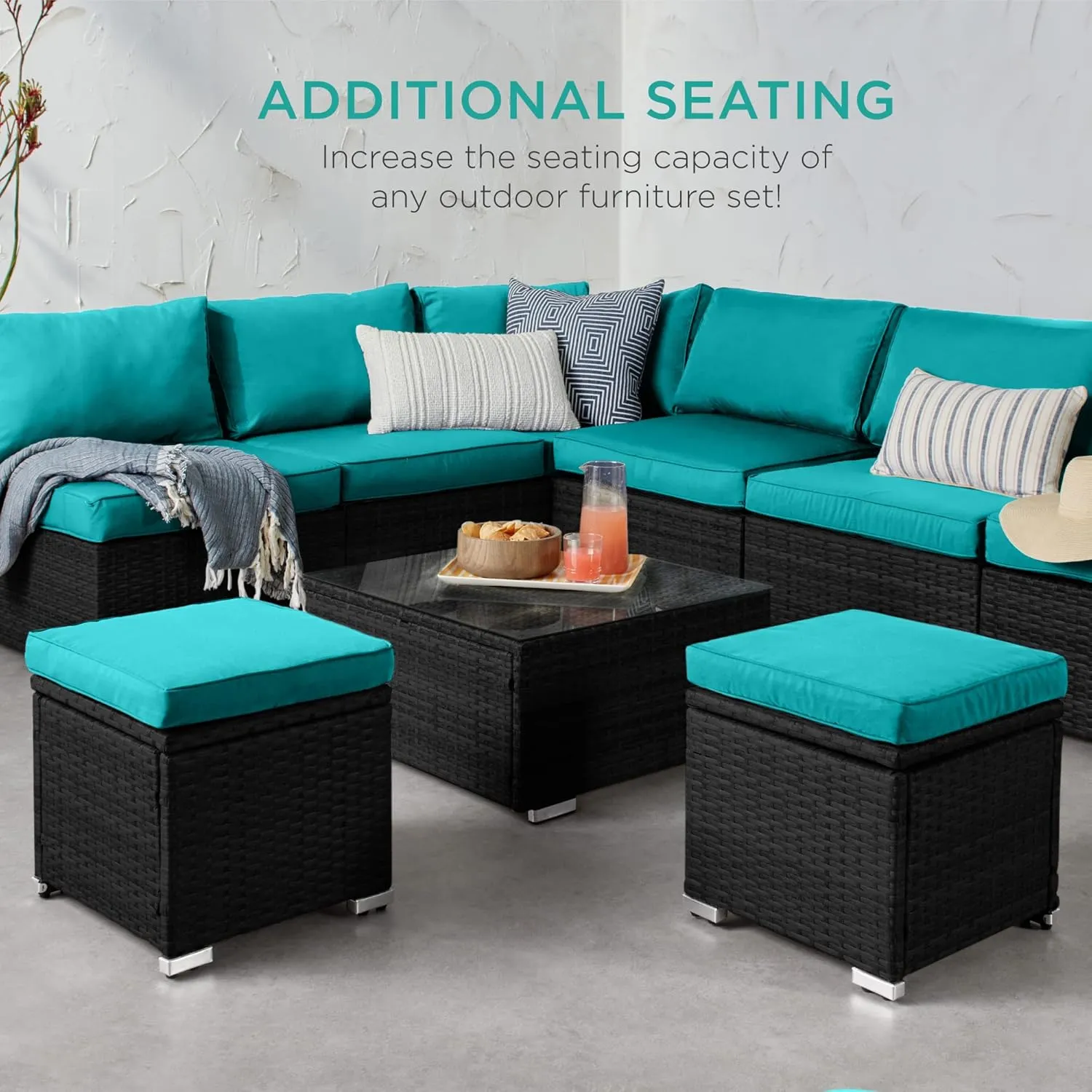 Best Choice Products Set of 2 Wicker Ottomans, Multipurpose Outdoor Furniture for Patio, Backyard, Additional Seating, Footrest, Side Table w/Storage, Removable Cushions - Black/Teal