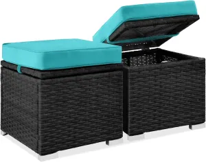 Best Choice Products Set of 2 Wicker Ottomans, Multipurpose Outdoor Furniture for Patio, Backyard, Additional Seating, Footrest, Side Table w/Storage, Removable Cushions - Black/Teal