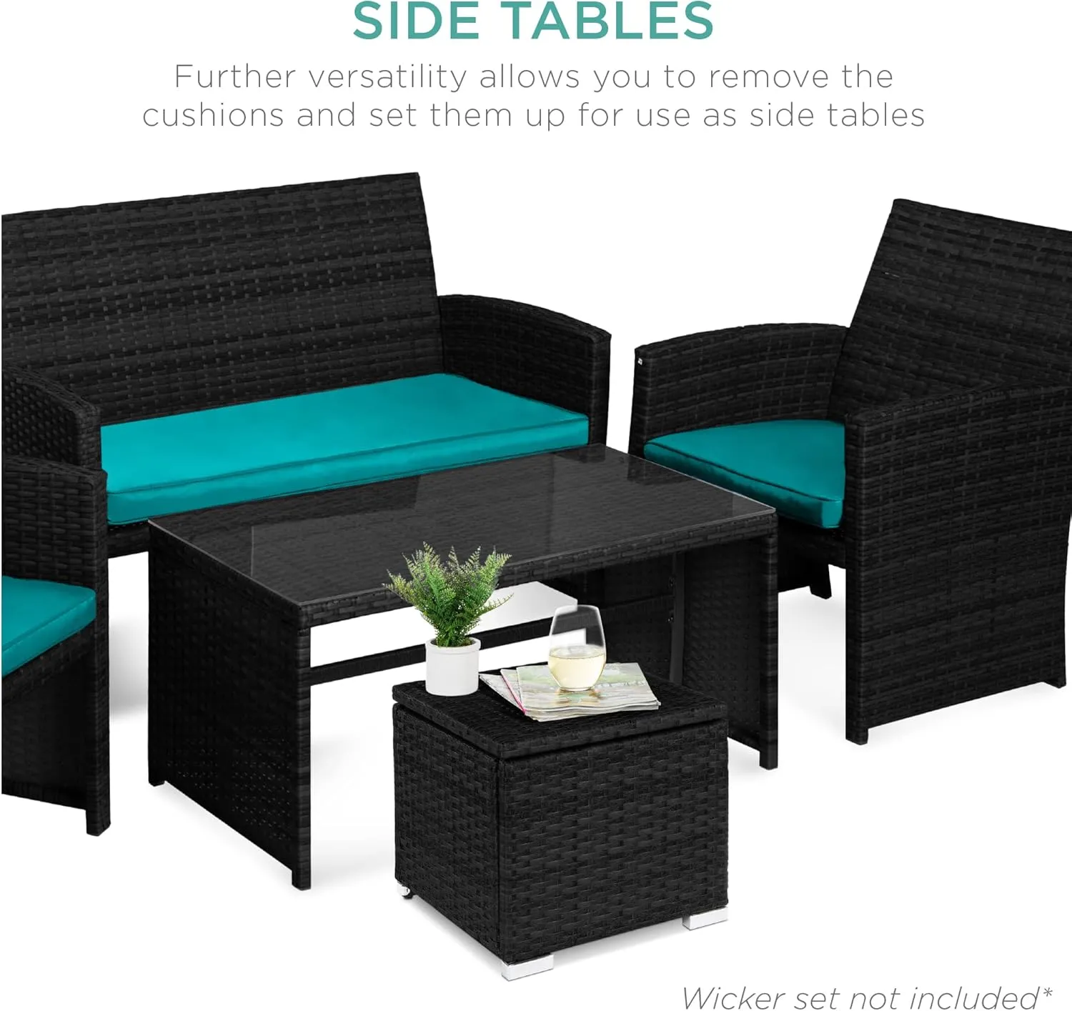 Best Choice Products Set of 2 Wicker Ottomans, Multipurpose Outdoor Furniture for Patio, Backyard, Additional Seating, Footrest, Side Table w/Storage, Removable Cushions - Black/Teal