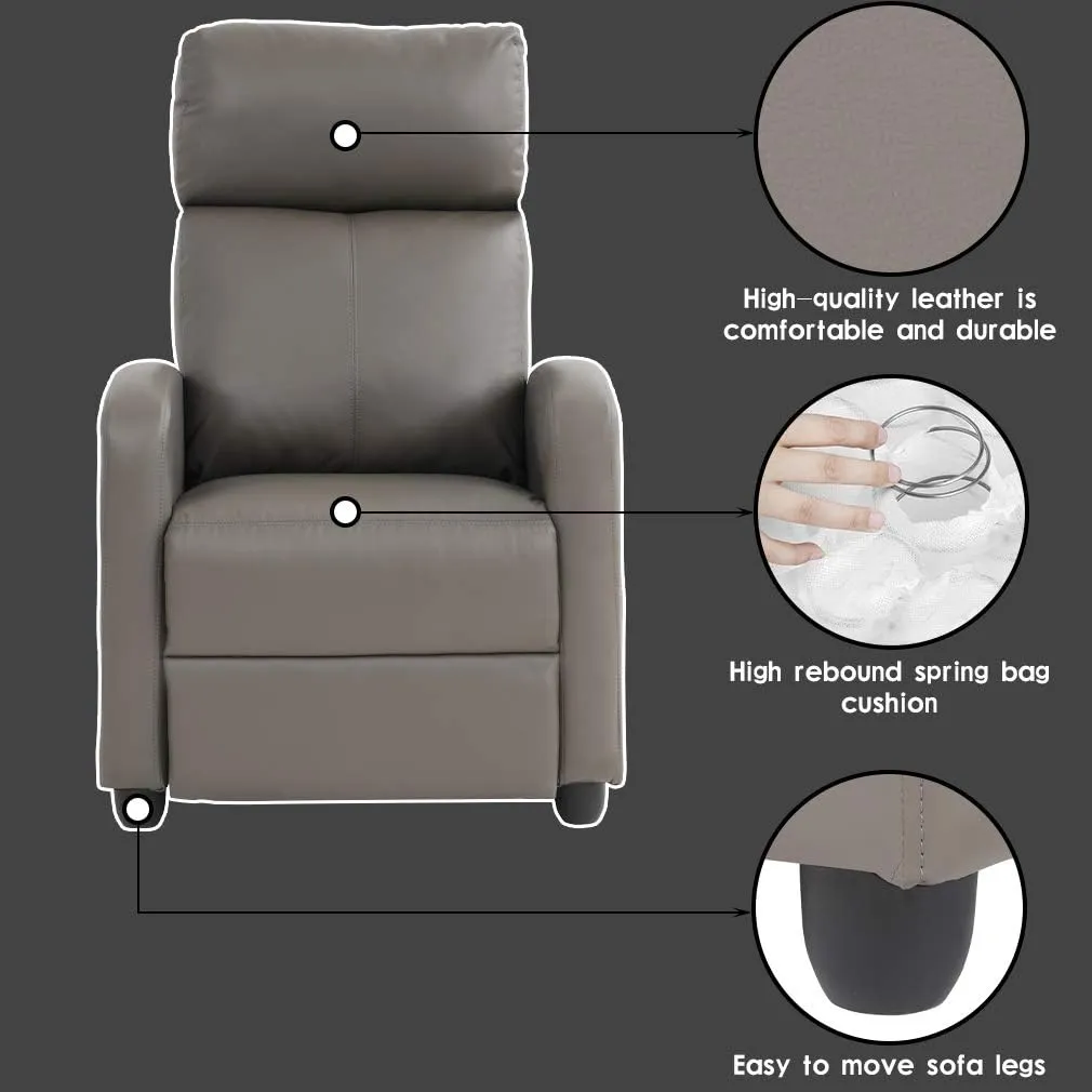 BestMassage Recliner Chair for Living Room Modern Wingback Sofa Home Theater Seating Push Back Reclining Chair with Lumbar Support (Without Massage, PU Grey)