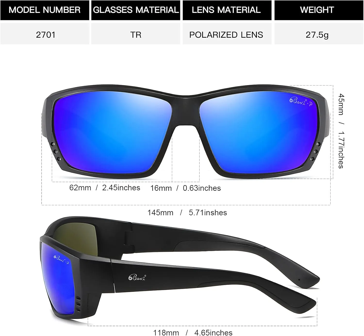 Bevi Polarized Sports Sunglasses Ultralight TR90 Frame Glasses Flexible and Durable for Men Women Sun Glasses