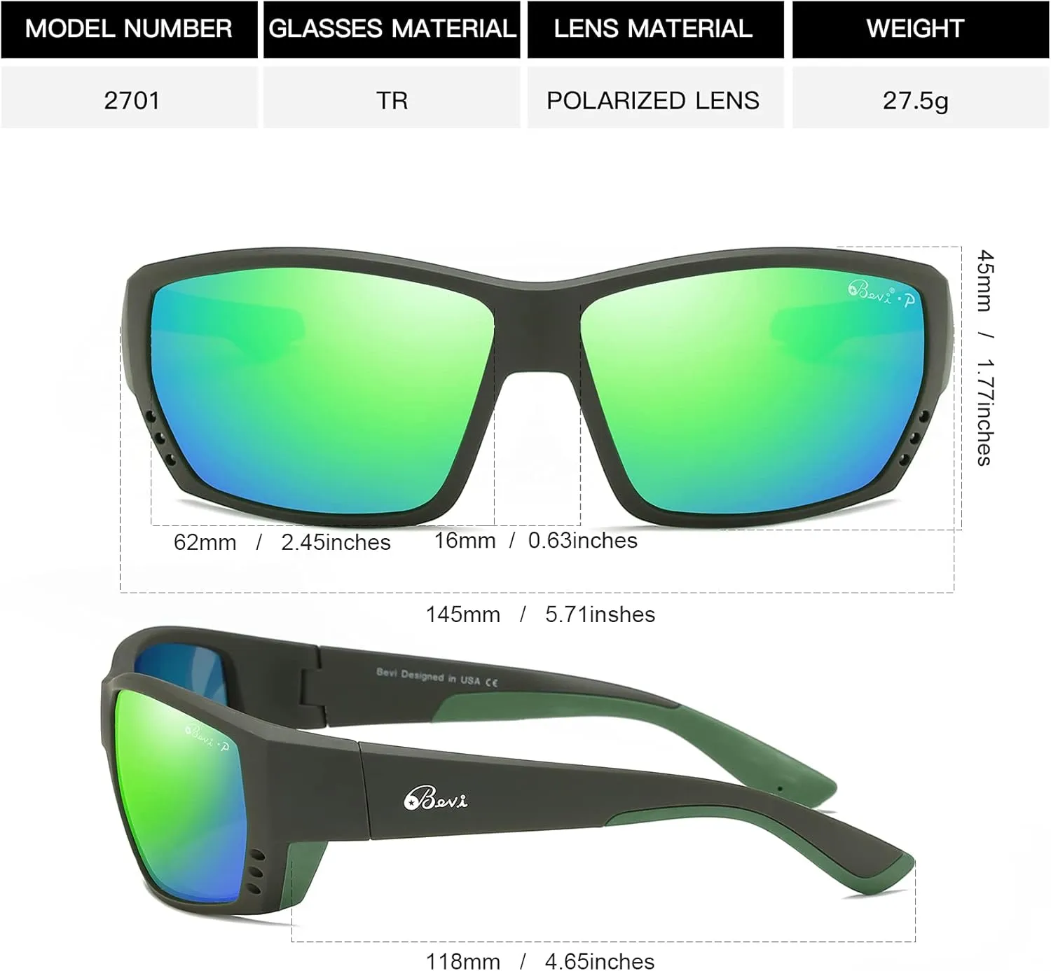Bevi Polarized Sports Sunglasses Ultralight TR90 Frame Glasses Flexible and Durable for Men Women Sun Glasses