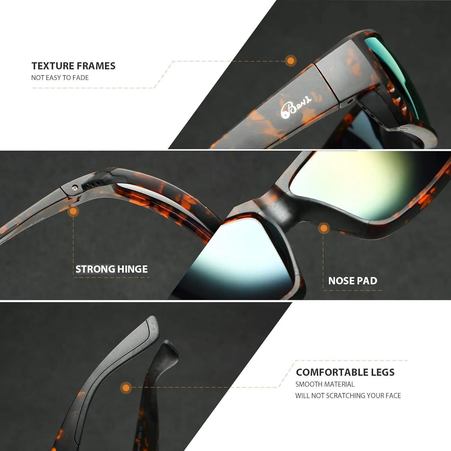 Bevi Polarized Sports Sunglasses Ultralight TR90 Frame Glasses Flexible and Durable for Men Women Sun Glasses