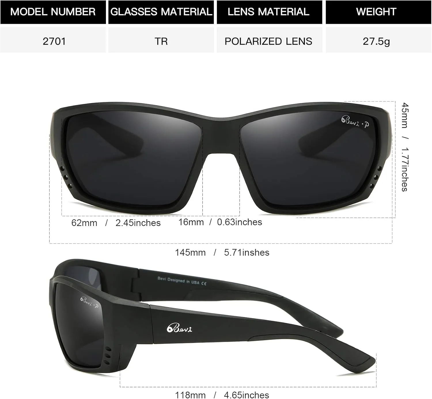 Bevi Polarized Sports Sunglasses Ultralight TR90 Frame Glasses Flexible and Durable for Men Women Sun Glasses
