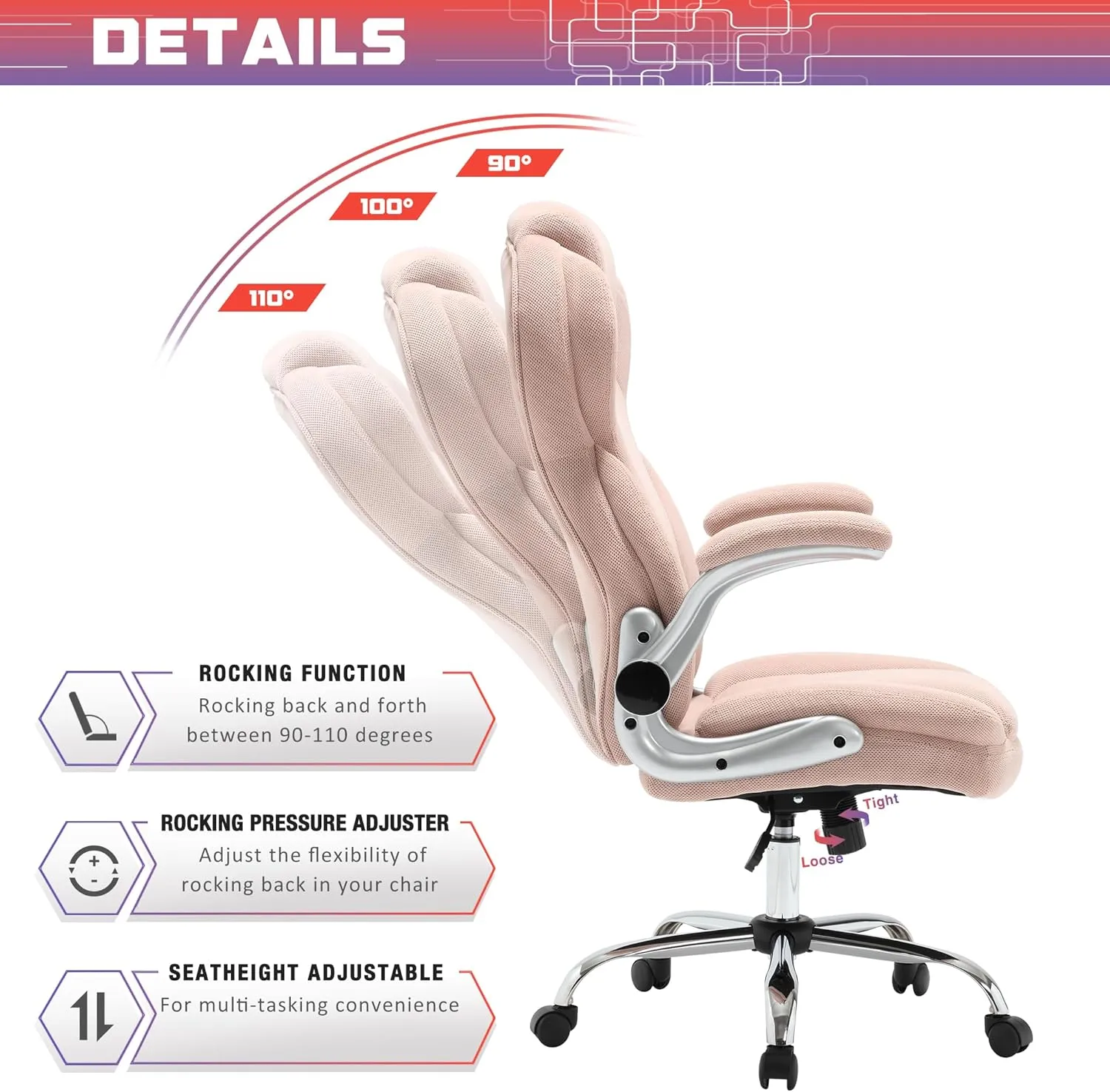 Big and Tall Fabric Pink Office Chair 400lbs-Heavy Duty Executive Desk Chair with Extra Wide Seat, High Back Ergonomic Leather Computer Chair with Tilt Rock&Tension, Padded Armrests-Black