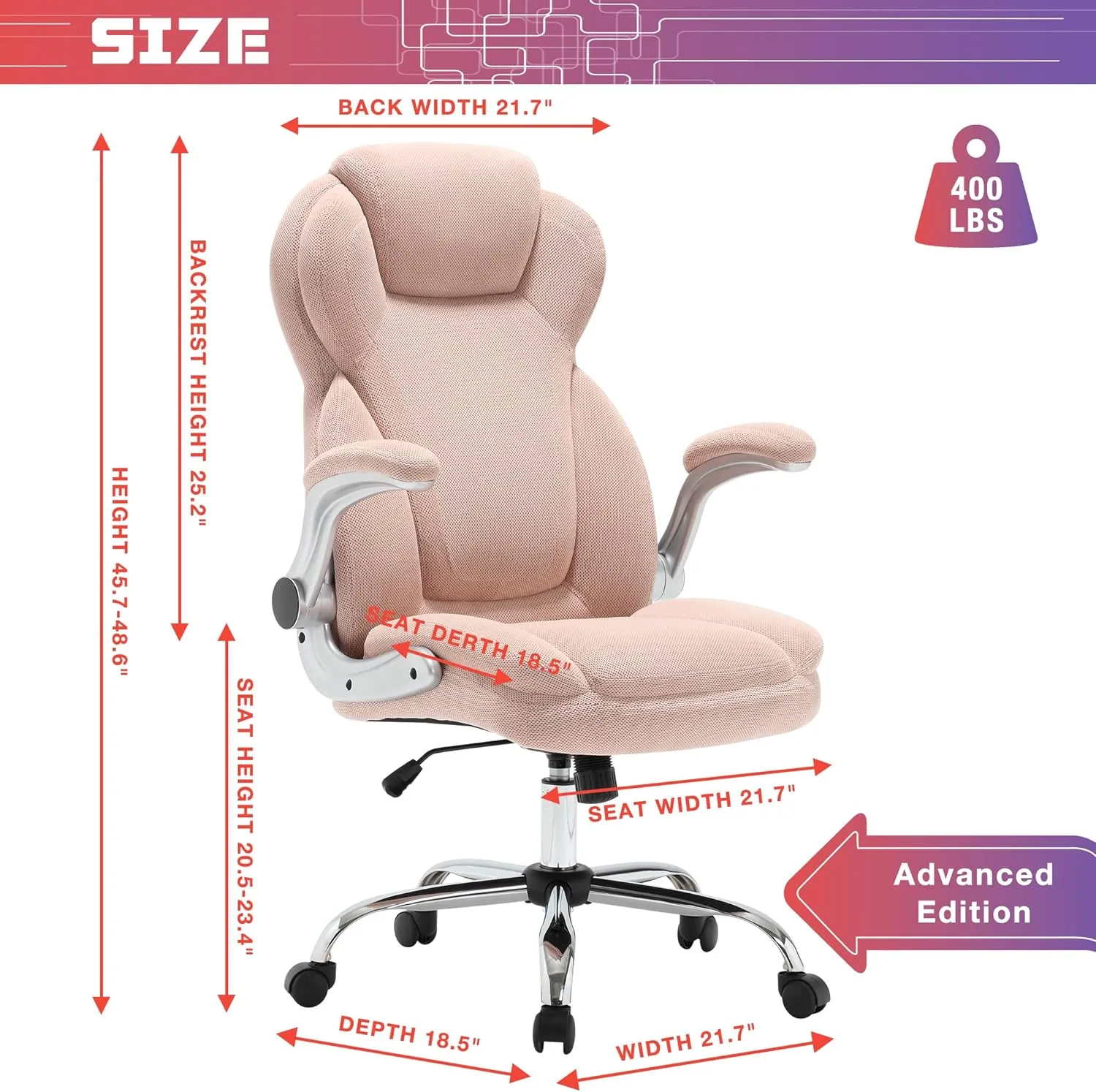 Big and Tall Fabric Pink Office Chair 400lbs-Heavy Duty Executive Desk Chair with Extra Wide Seat, High Back Ergonomic Leather Computer Chair with Tilt Rock&Tension, Padded Armrests-Black
