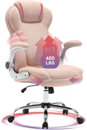 Big and Tall Fabric Pink Office Chair 400lbs-Heavy Duty Executive Desk Chair with Extra Wide Seat, High Back Ergonomic Leather Computer Chair with Tilt Rock&Tension, Padded Armrests-Black