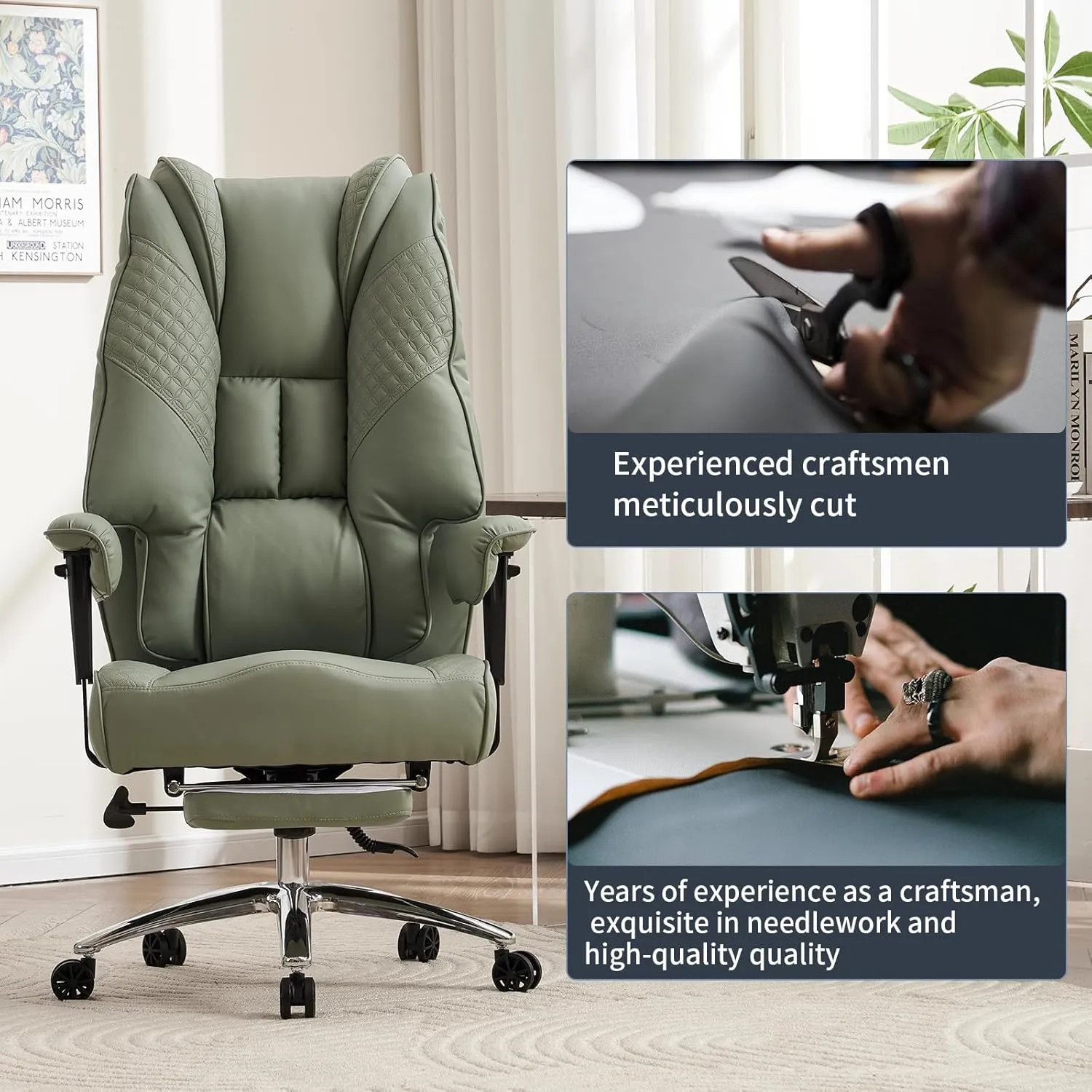 Big and Tall Office Chair 400lbs Wide Seat, Leather High Back Executive Office Chair with Foot Rest, Ergonomic Chairs Lumbar Support for Lower Back Pain Relief (Light Green)