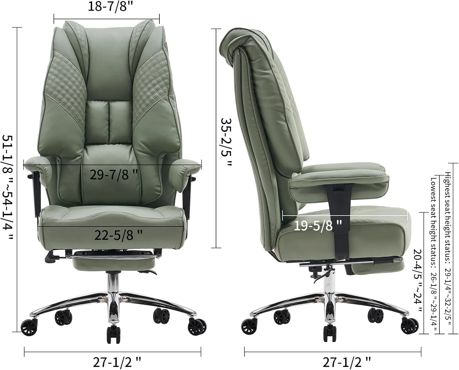 Big and Tall Office Chair 400lbs Wide Seat, Leather High Back Executive Office Chair with Foot Rest, Ergonomic Chairs Lumbar Support for Lower Back Pain Relief (Light Green)