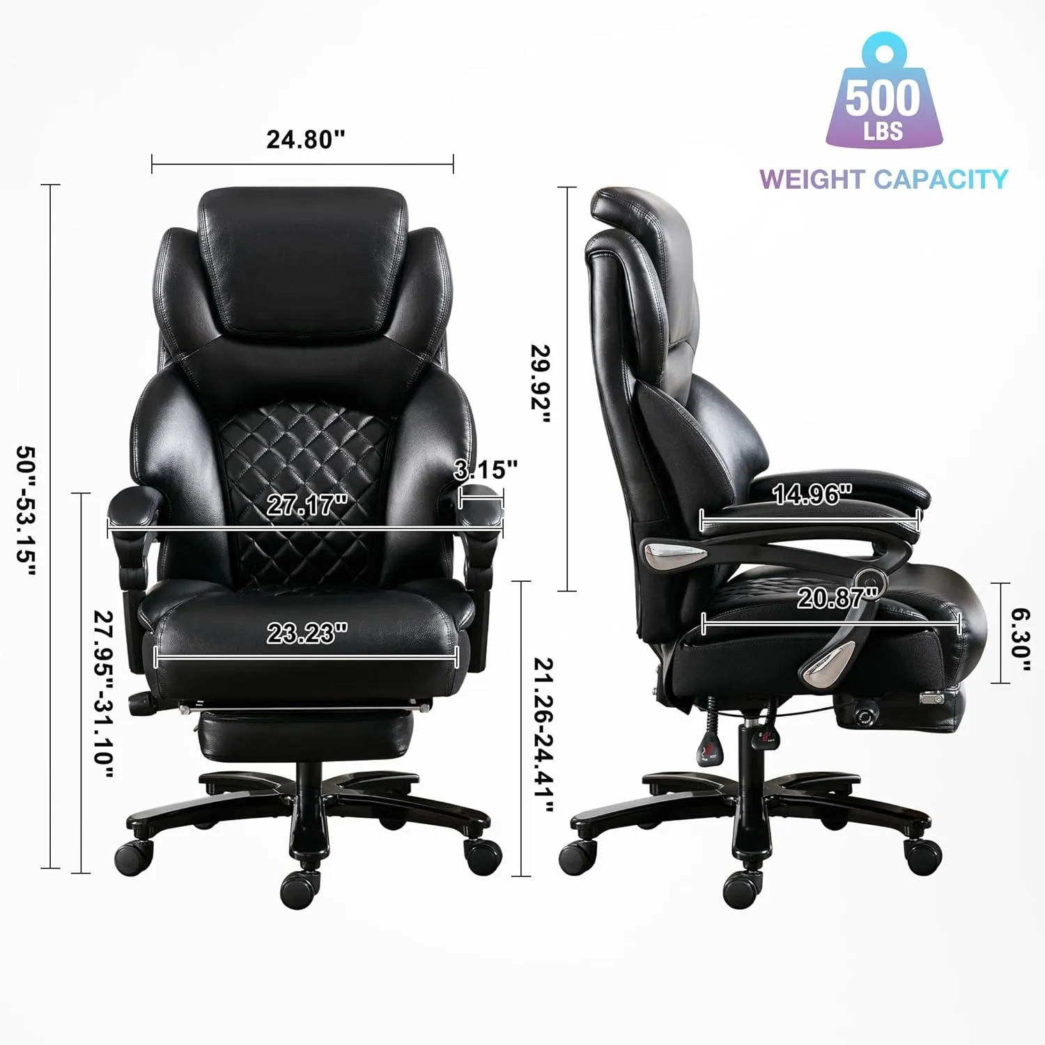 Big and Tall Office Chair 500 lbs, Extra Wide High Back Office Chair for Heavy People, Reclining Executive Comfortable Office Chair with Footrest and Lumbar Support, PU Leather