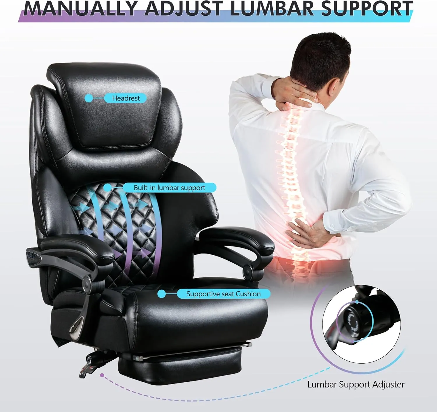 Big and Tall Office Chair 500 lbs, Extra Wide High Back Office Chair for Heavy People, Reclining Executive Comfortable Office Chair with Footrest and Lumbar Support, PU Leather