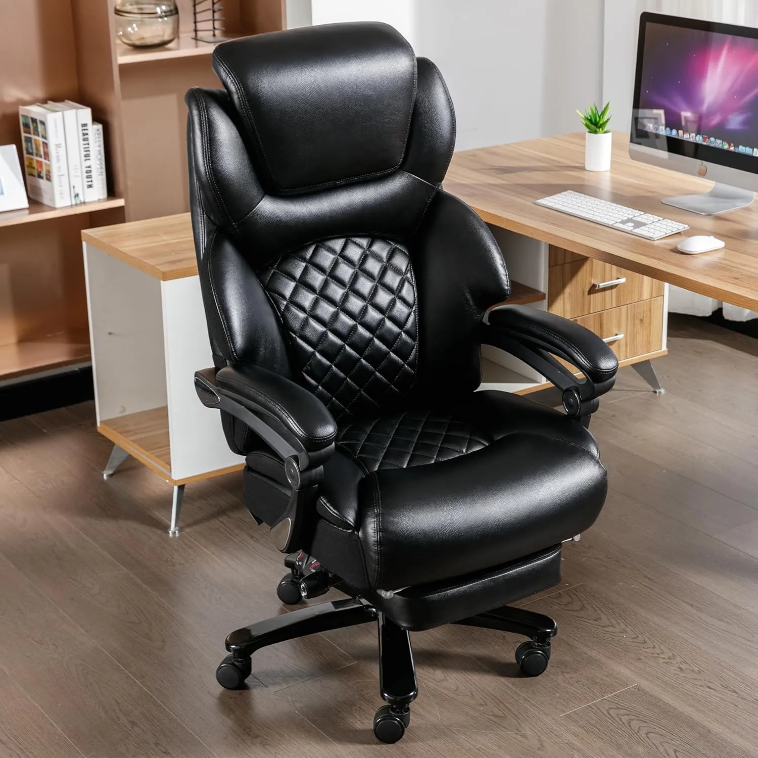 Big and Tall Office Chair 500 lbs, Extra Wide High Back Office Chair for Heavy People, Reclining Executive Comfortable Office Chair with Footrest and Lumbar Support, PU Leather