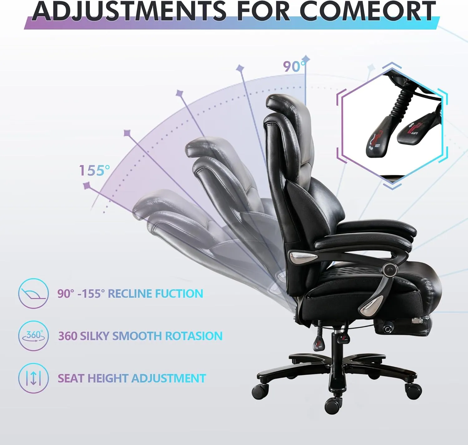 Big and Tall Office Chair 500 lbs, Extra Wide High Back Office Chair for Heavy People, Reclining Executive Comfortable Office Chair with Footrest and Lumbar Support, PU Leather