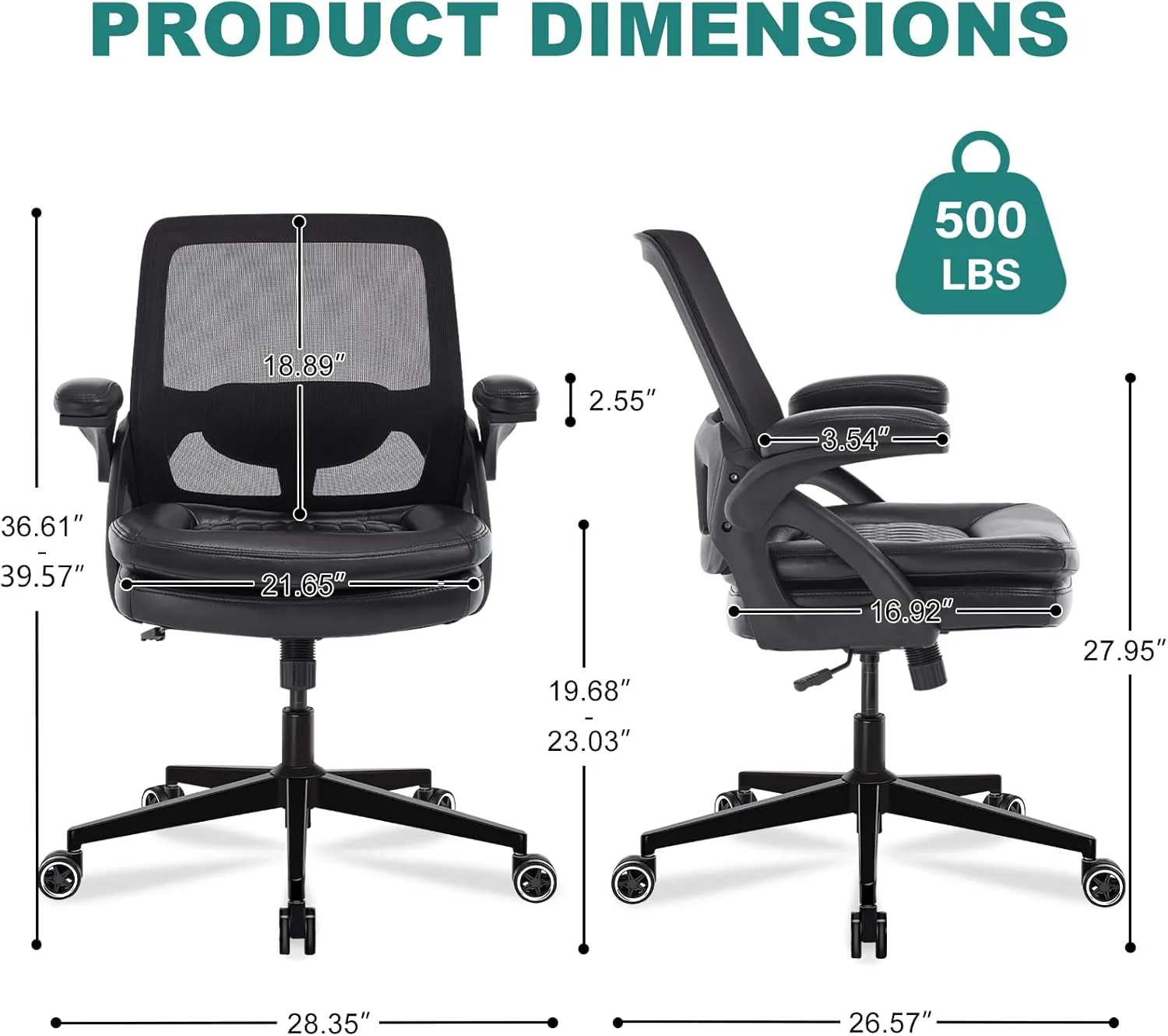 Big and Tall Office Chair, 500lbs Mesh Heavy Duty Ergonomic Desk Chair with Flip-up Armrests, Plus Size Wide Seat in PU Leather, 360 Swivel Computer Executive Task Chair for Home Office (Black)
