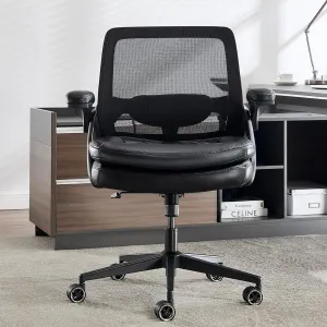 Big and Tall Office Chair, 500lbs Mesh Heavy Duty Ergonomic Desk Chair with Flip-up Armrests, Plus Size Wide Seat in PU Leather, 360 Swivel Computer Executive Task Chair for Home Office (Black)