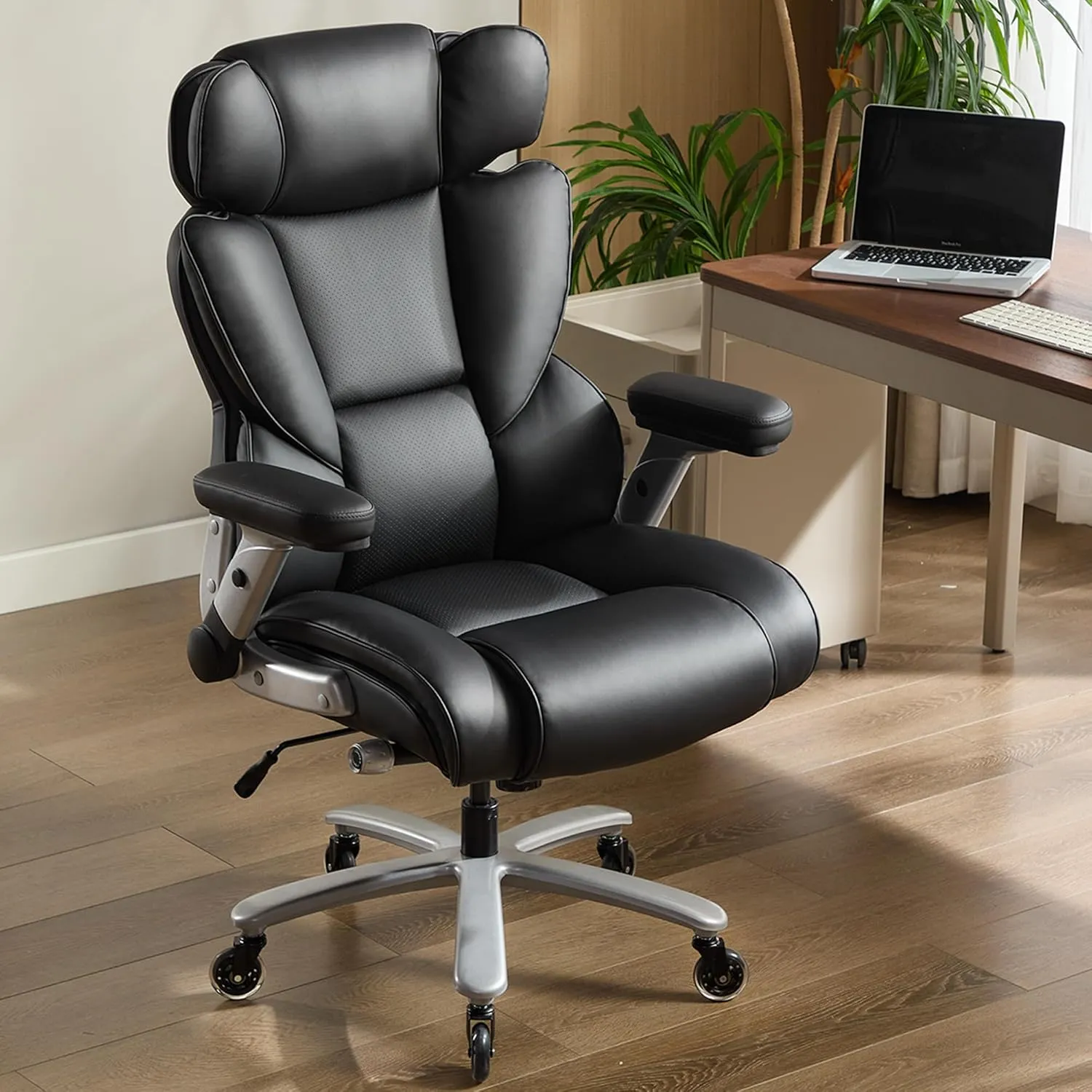 Big and Tall Office Chair 500lbs with Adjustable Lumbar Support, Executive Office Chairs with Flip-up Armrest and Wider Seat, Ergonomic High-Back Leather Reclining Chair for Home, Black