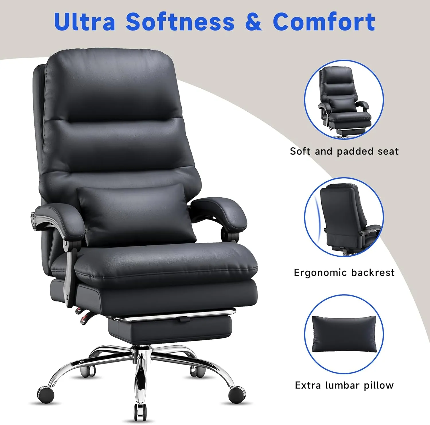 Big and Tall Office Desk Chair - Ergonomic 400LBS PU Leather Computer Chair With Foot Rest and Lumbar Pillow (Black)