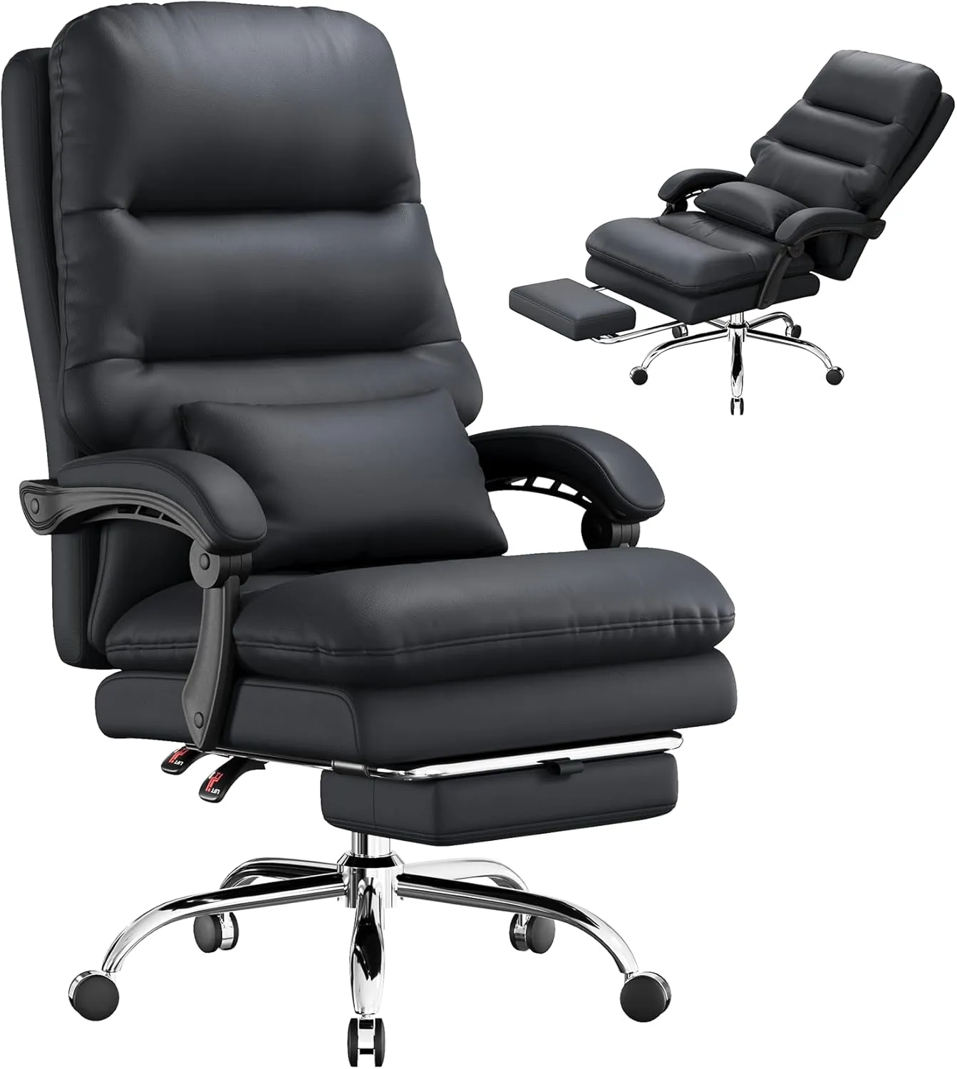 Big and Tall Office Desk Chair - Ergonomic 400LBS PU Leather Computer Chair With Foot Rest and Lumbar Pillow (Black)