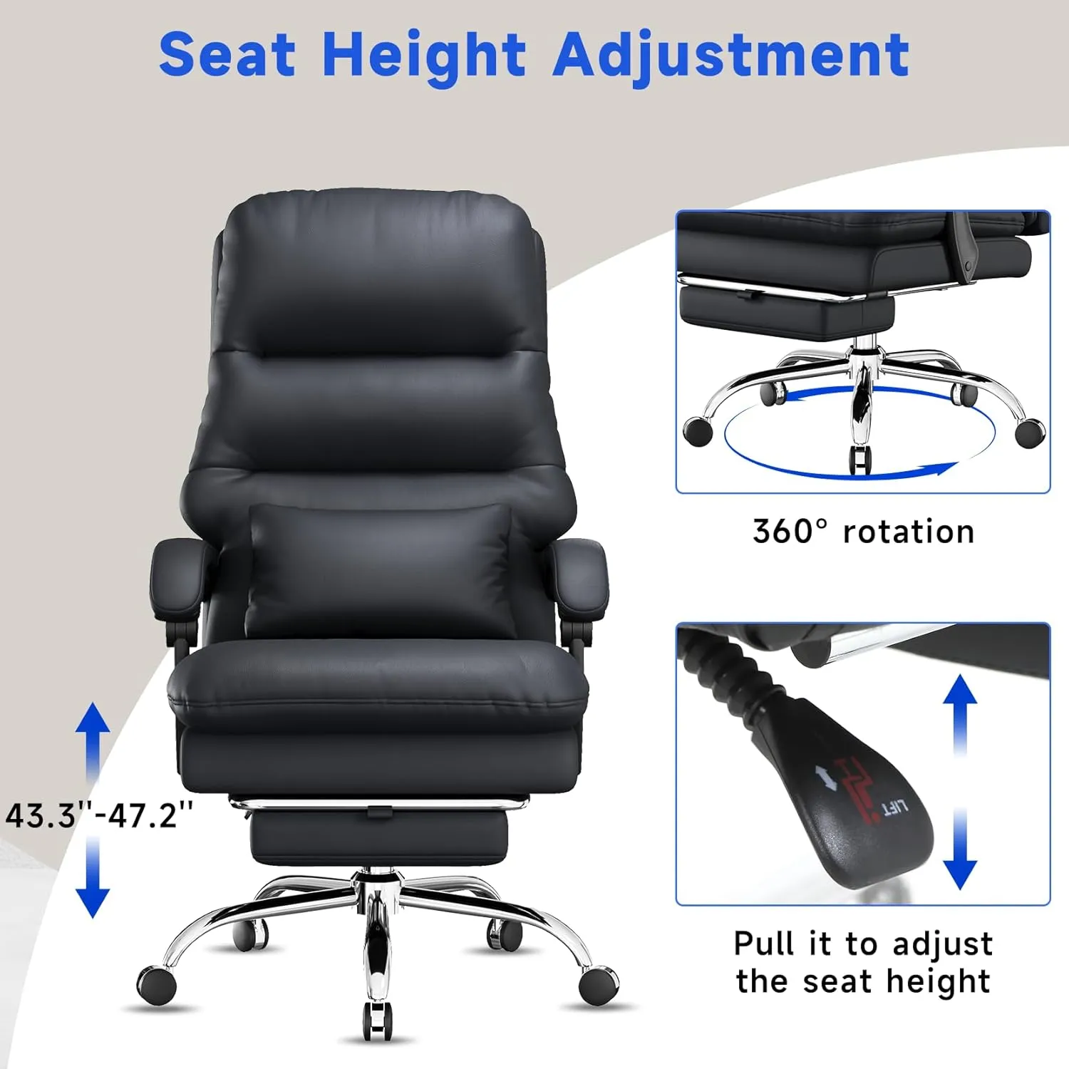 Big and Tall Office Desk Chair - Ergonomic 400LBS PU Leather Computer Chair With Foot Rest and Lumbar Pillow (Black)