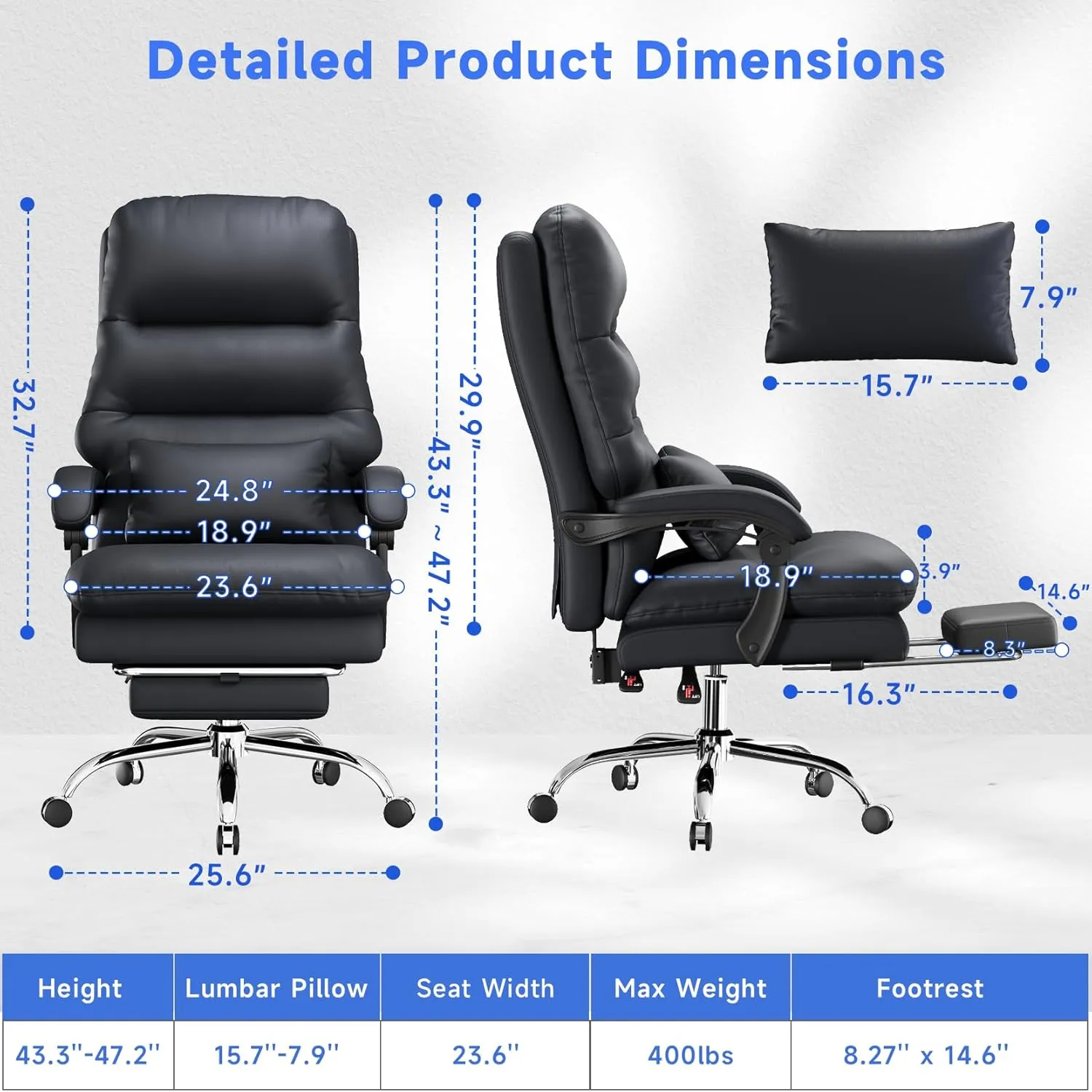 Big and Tall Office Desk Chair - Ergonomic 400LBS PU Leather Computer Chair With Foot Rest and Lumbar Pillow (Black)