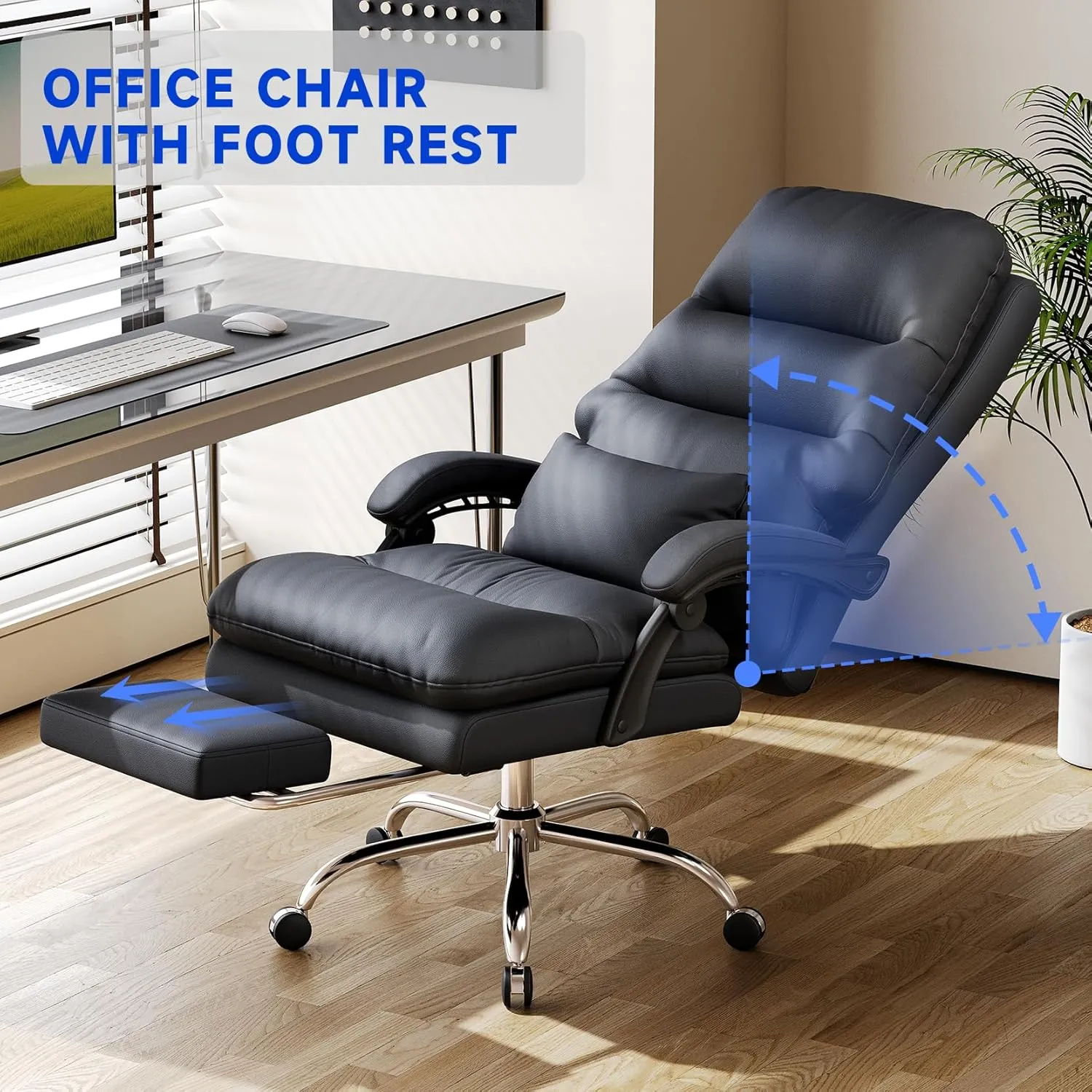 Big and Tall Office Desk Chair - Ergonomic 400LBS PU Leather Computer Chair With Foot Rest and Lumbar Pillow (Black)