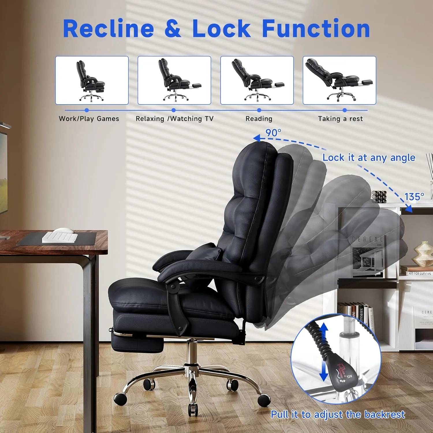 Big and Tall Office Desk Chair - Ergonomic 400LBS PU Leather Computer Chair With Foot Rest and Lumbar Pillow (Black)