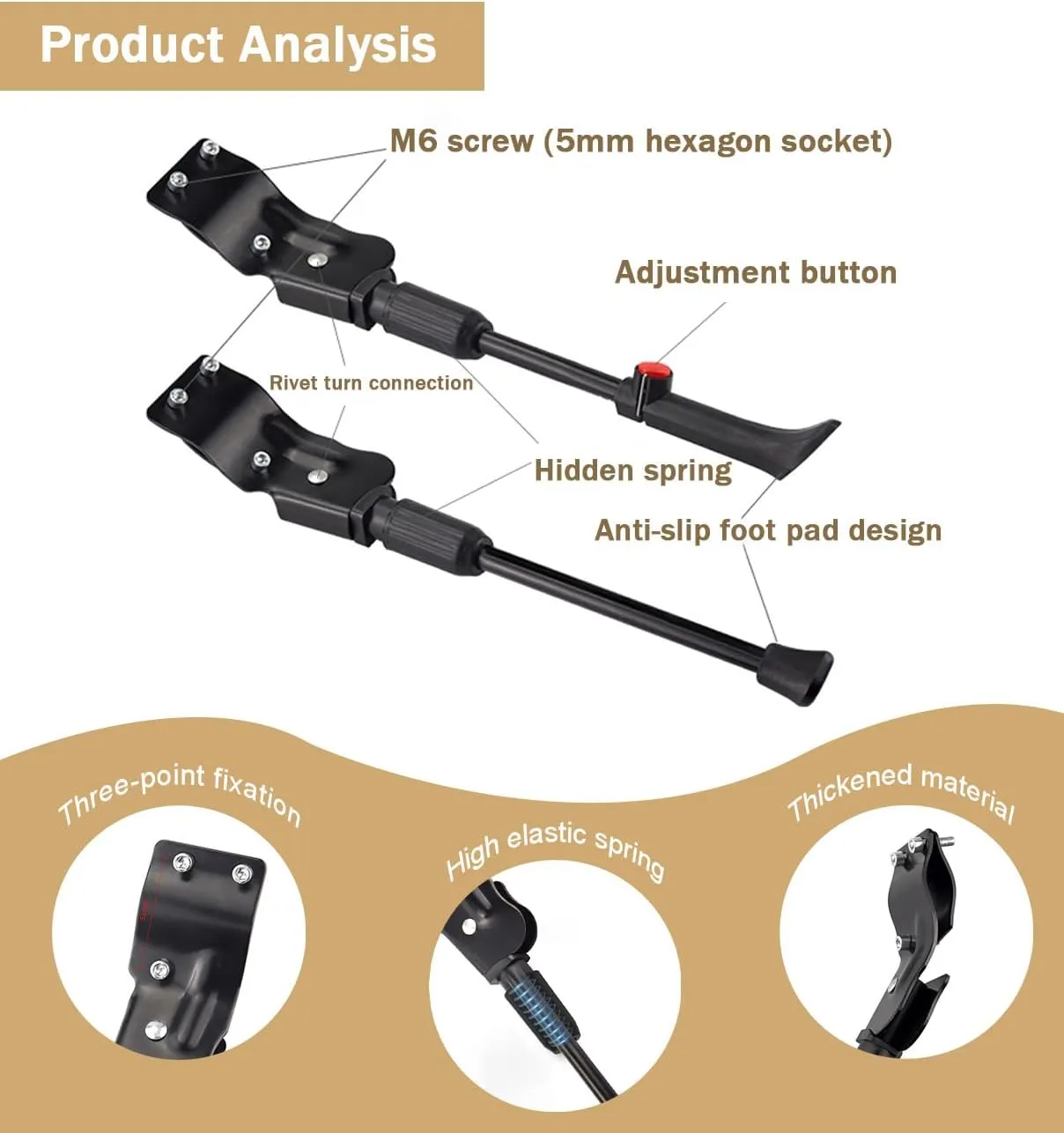 Bike Kickstand for Orbea Laufey Rise Wild FS MX Aqua Berria Spider MX 20 Carpe Terra H30, Adjustable Bicycle Kickstand, Suit Mountain Bike, Concealed Spring-Loaded Latch,A