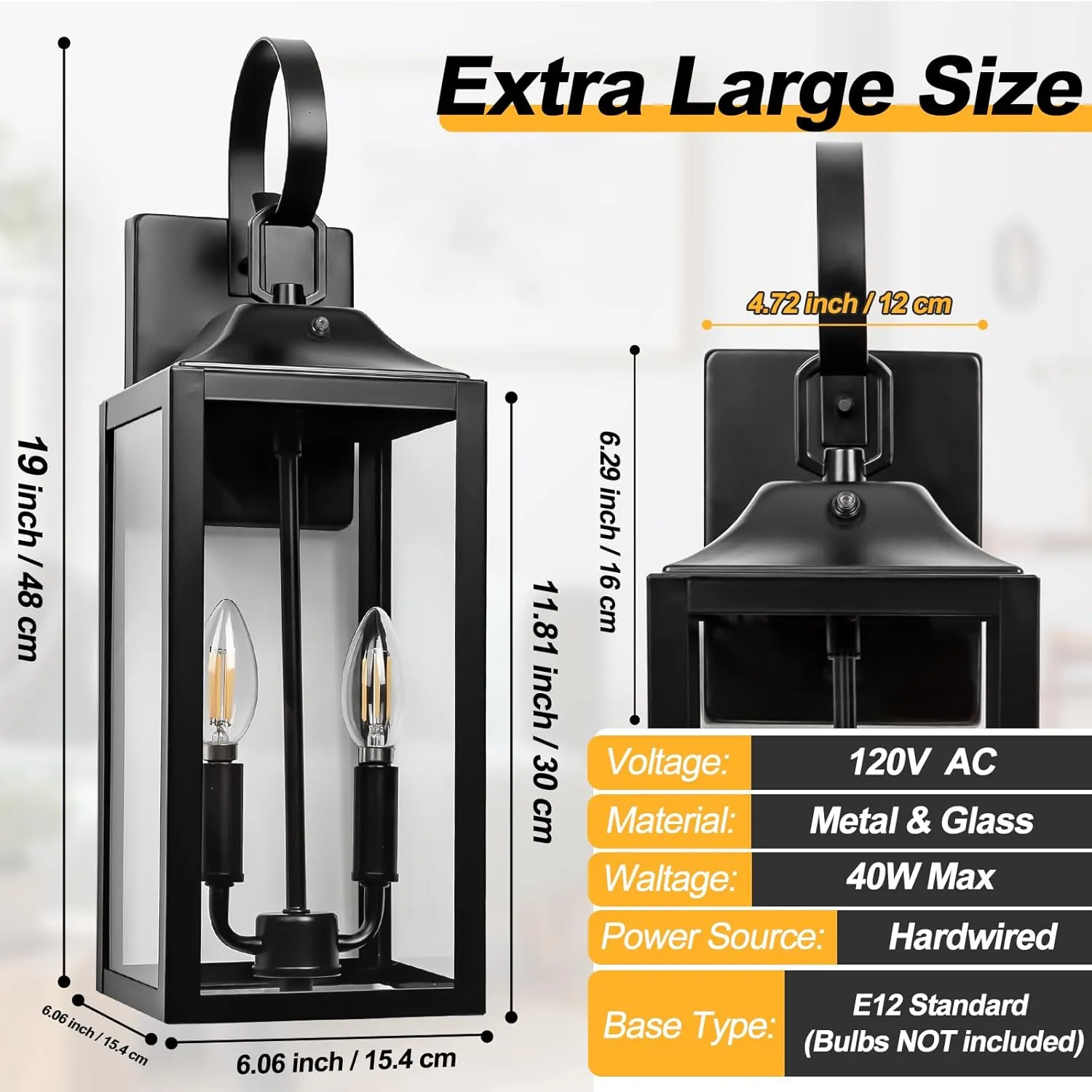Black Dusk to Dawn Outdoor Wall Lantern 2-Light, 19" Large Outside Modern Porch Sconce Light Fixture, Industrial Porch Light Wall Mount with Glass, Waterproof Farmhouse Exterior Lamp Lighting