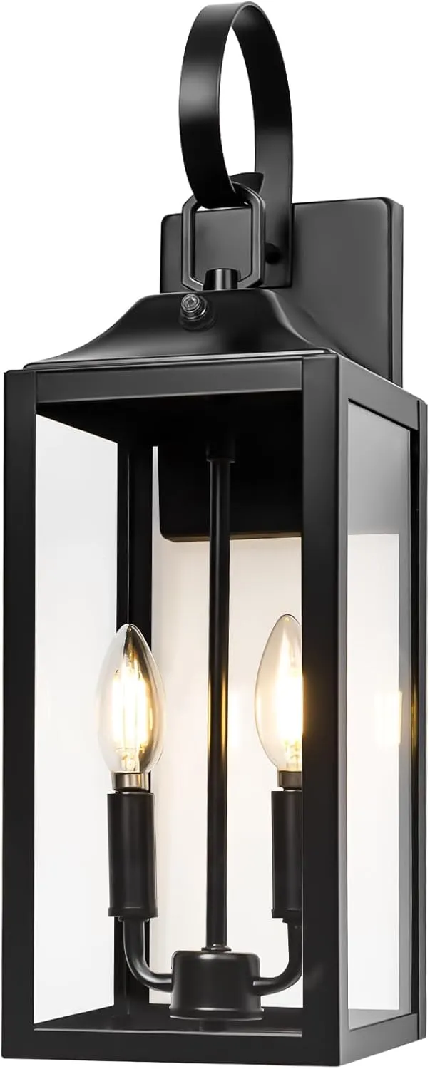 Black Dusk to Dawn Outdoor Wall Lantern 2-Light, 19" Large Outside Modern Porch Sconce Light Fixture, Industrial Porch Light Wall Mount with Glass, Waterproof Farmhouse Exterior Lamp Lighting