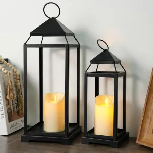 Black Metal Candle Lanterns, 2Pcs Lanterns Decorative Indoor with Flameless Candles Lantern Decor Farmhouse Decoration for Home Wedding Holiday Mantelpiece Entryway Table Livingroom (No Glass)