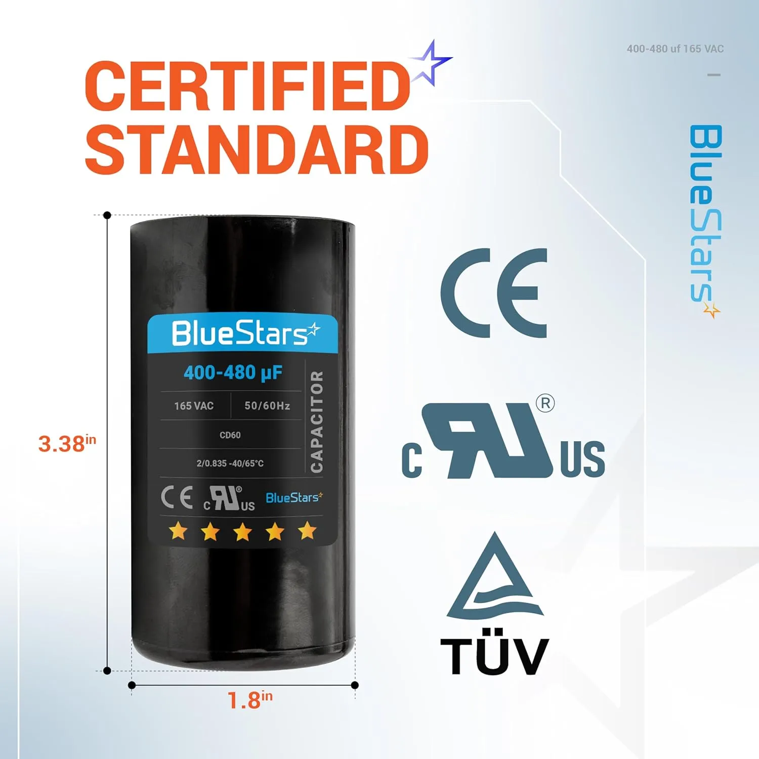 BlueStars Universal Fit 400-480 uf/MFD 165 VAC Round Motor Start Capacitor 50/60 Hz AC Electric Replacement Part - Lifetime Up to 30.000 Hours