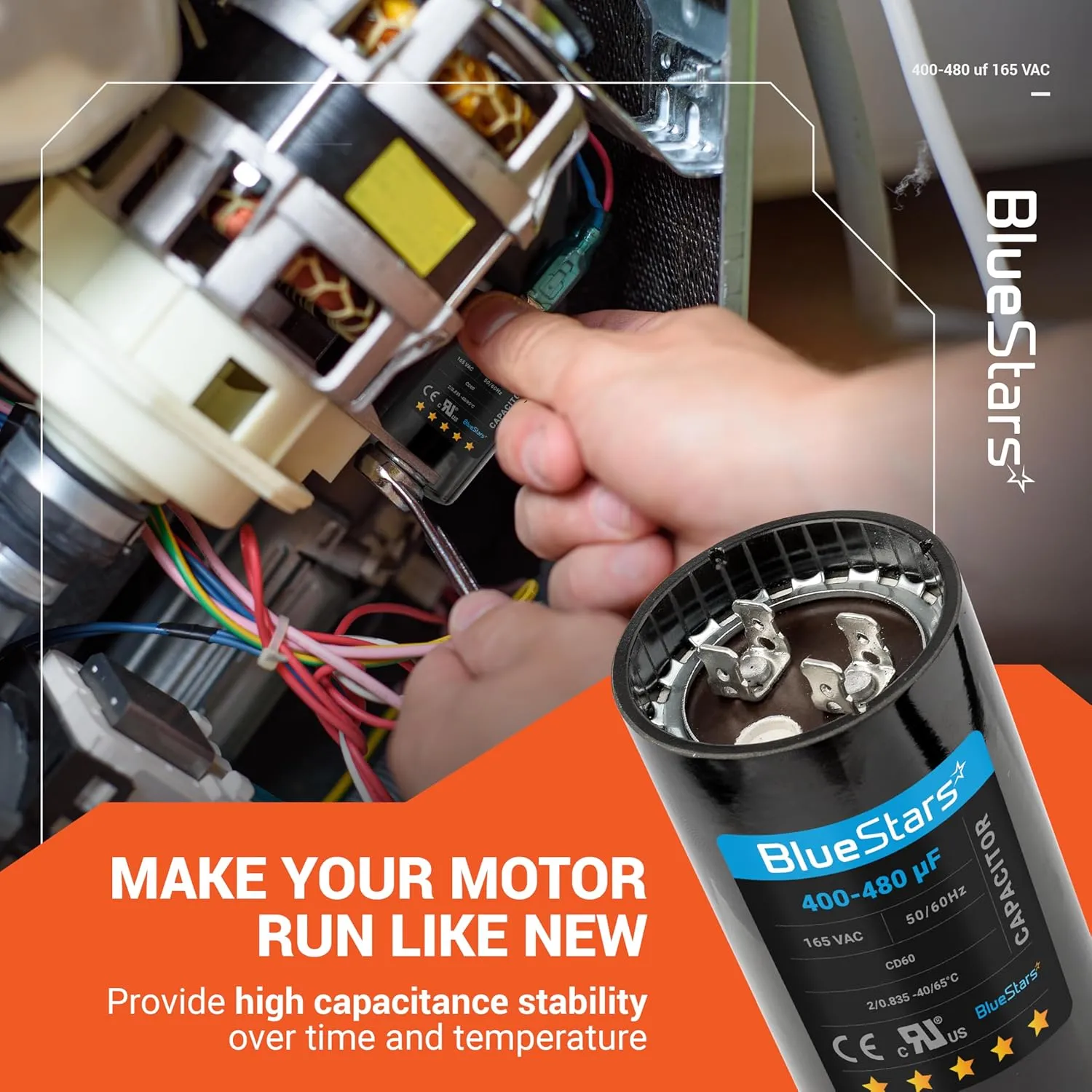 BlueStars Universal Fit 400-480 uf/MFD 165 VAC Round Motor Start Capacitor 50/60 Hz AC Electric Replacement Part - Lifetime Up to 30.000 Hours