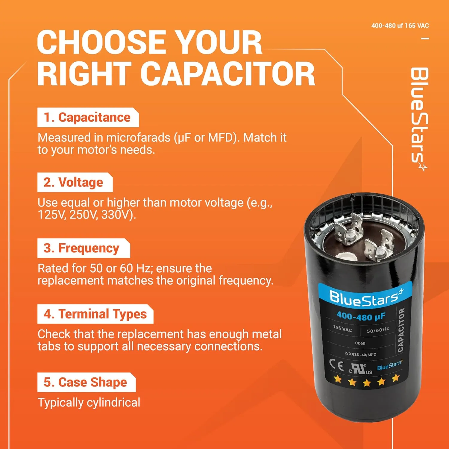 BlueStars Universal Fit 400-480 uf/MFD 165 VAC Round Motor Start Capacitor 50/60 Hz AC Electric Replacement Part - Lifetime Up to 30.000 Hours