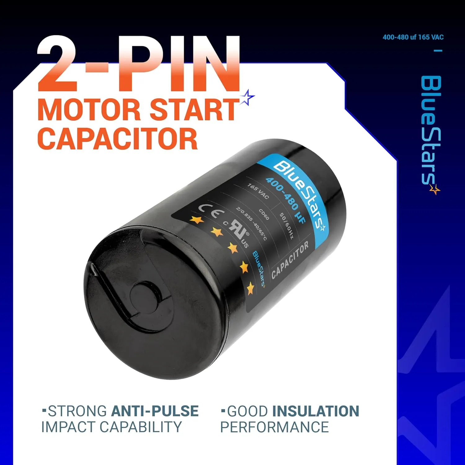 BlueStars Universal Fit 400-480 uf/MFD 165 VAC Round Motor Start Capacitor 50/60 Hz AC Electric Replacement Part - Lifetime Up to 30.000 Hours