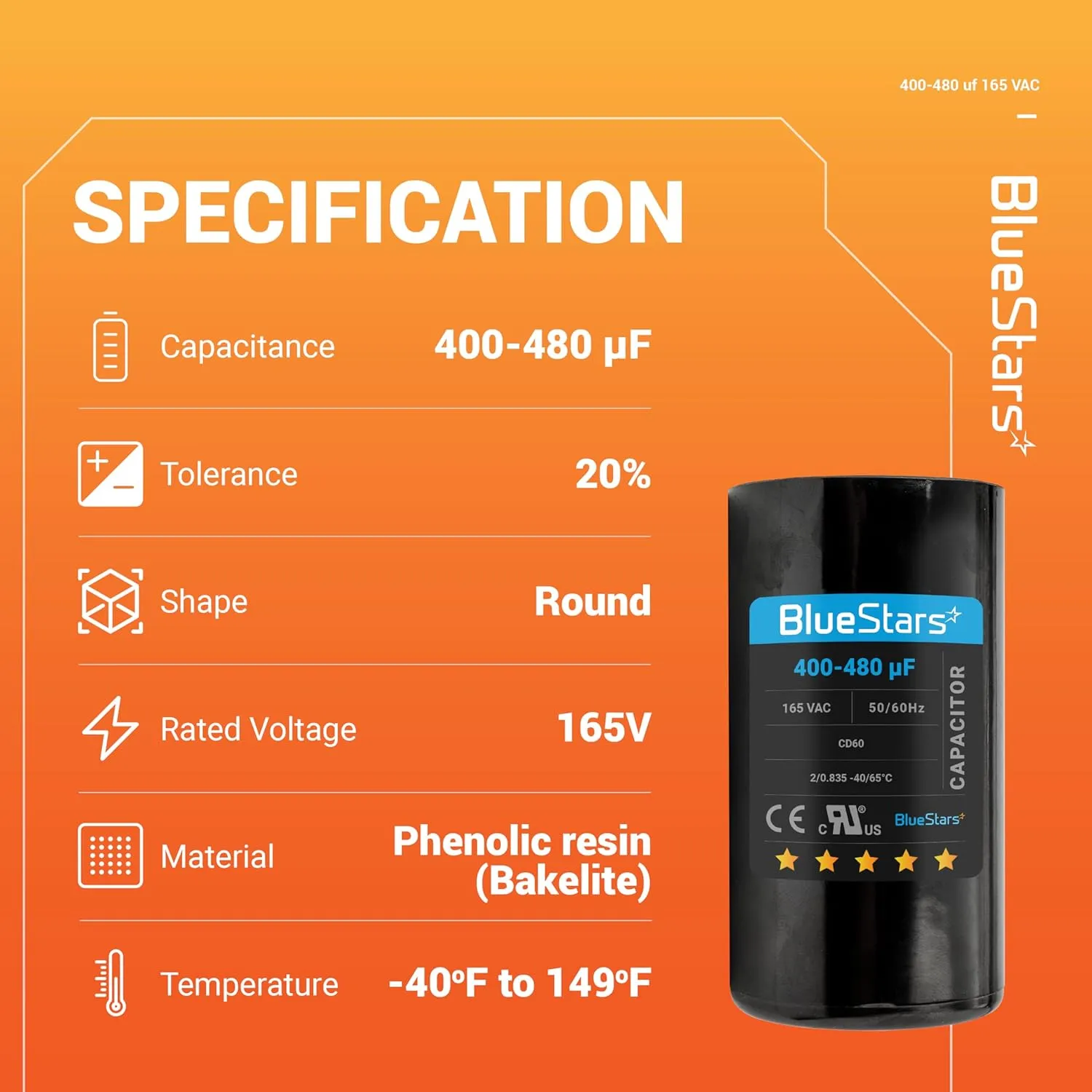 BlueStars Universal Fit 400-480 uf/MFD 165 VAC Round Motor Start Capacitor 50/60 Hz AC Electric Replacement Part - Lifetime Up to 30.000 Hours