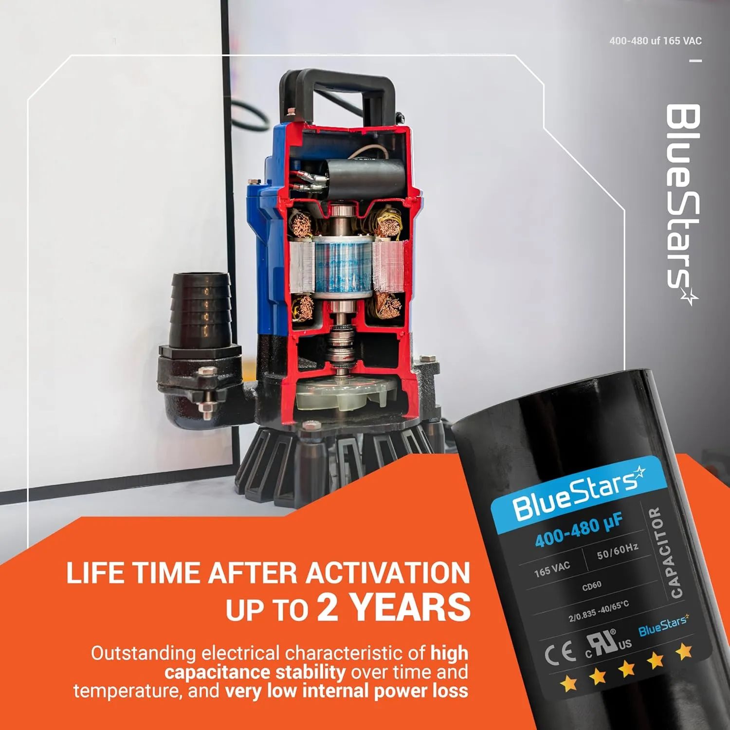 BlueStars Universal Fit 400-480 uf/MFD 165 VAC Round Motor Start Capacitor 50/60 Hz AC Electric Replacement Part - Lifetime Up to 30.000 Hours