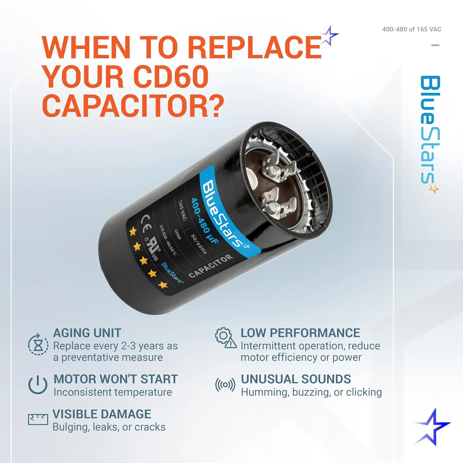 BlueStars Universal Fit 400-480 uf/MFD 165 VAC Round Motor Start Capacitor 50/60 Hz AC Electric Replacement Part - Lifetime Up to 30.000 Hours
