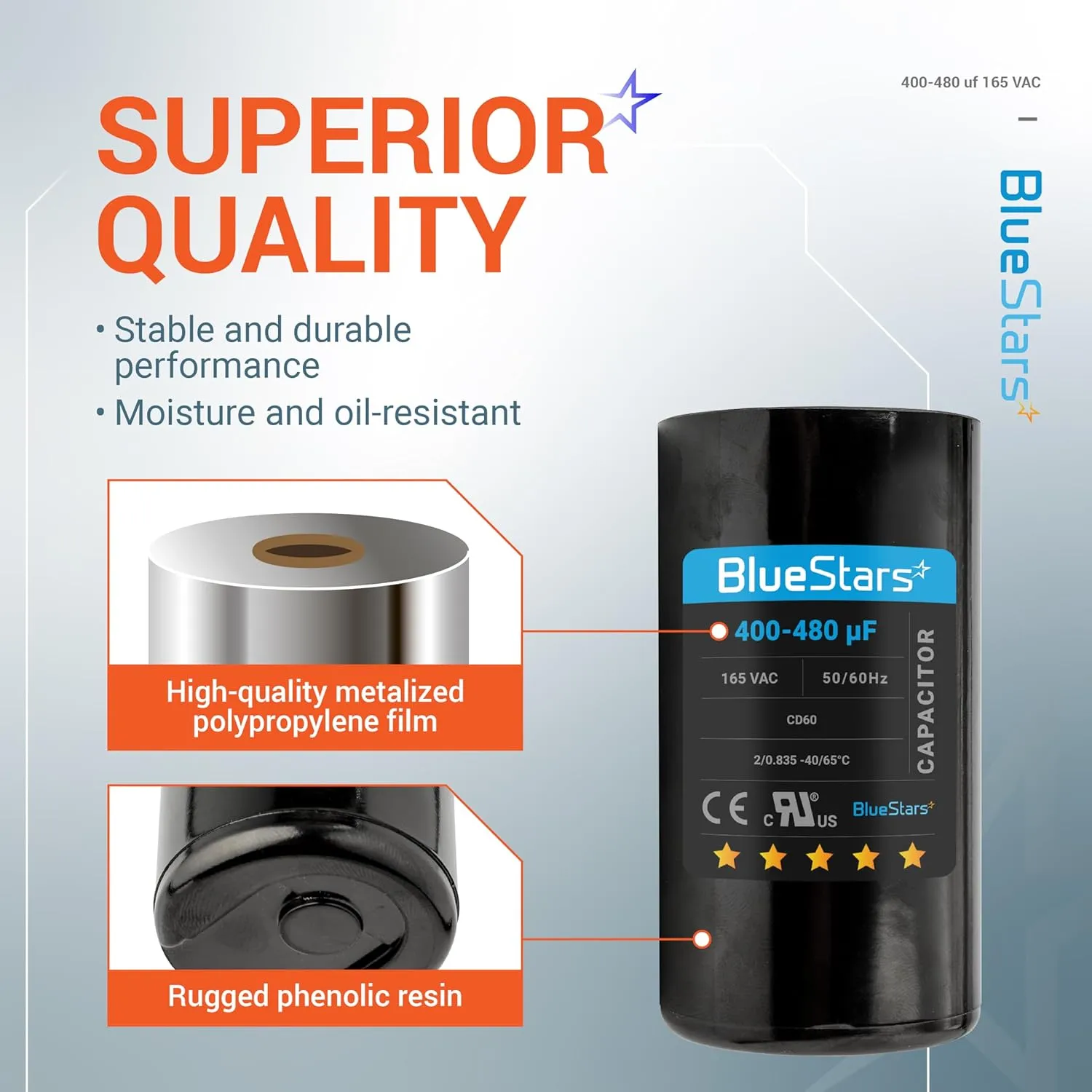 BlueStars Universal Fit 400-480 uf/MFD 165 VAC Round Motor Start Capacitor 50/60 Hz AC Electric Replacement Part - Lifetime Up to 30.000 Hours