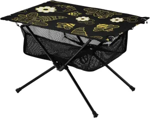 Bolaz Outdoor Folding Portable Picnic Camping Table-Daisy and Gnomes on Black,Storage Mesh for Camping Gear Accessories, Hiking, Mountaineering, Outdoor Travel