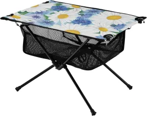 Bolaz Outdoor Folding Portable Picnic Camping Table-White Daisy Flower on Blue,Storage Mesh for Camping Gear Accessories, Hiking, Mountaineering, Outdoor Travel