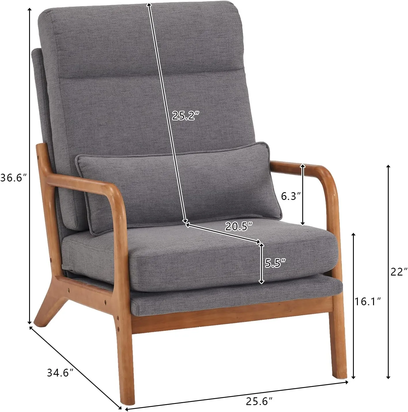 Bonnlo High Back Linen Dark Grey Mid Century Modern Accent Chair, Soild Wood Padding Lounge Armchairs Side Sitting Chairs for Living Room, Bedroom, Guest Room