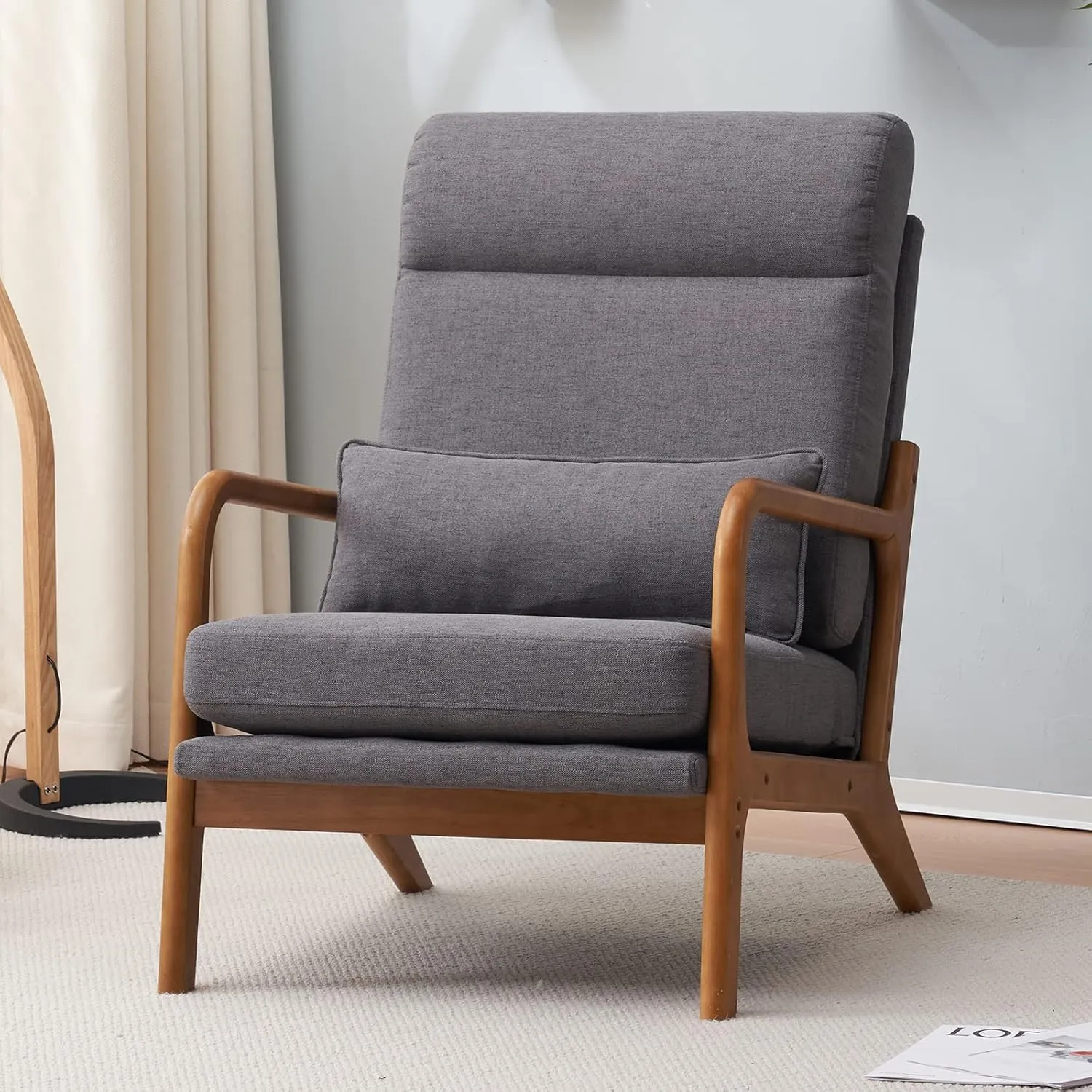 Bonnlo High Back Linen Dark Grey Mid Century Modern Accent Chair, Soild Wood Padding Lounge Armchairs Side Sitting Chairs for Living Room, Bedroom, Guest Room
