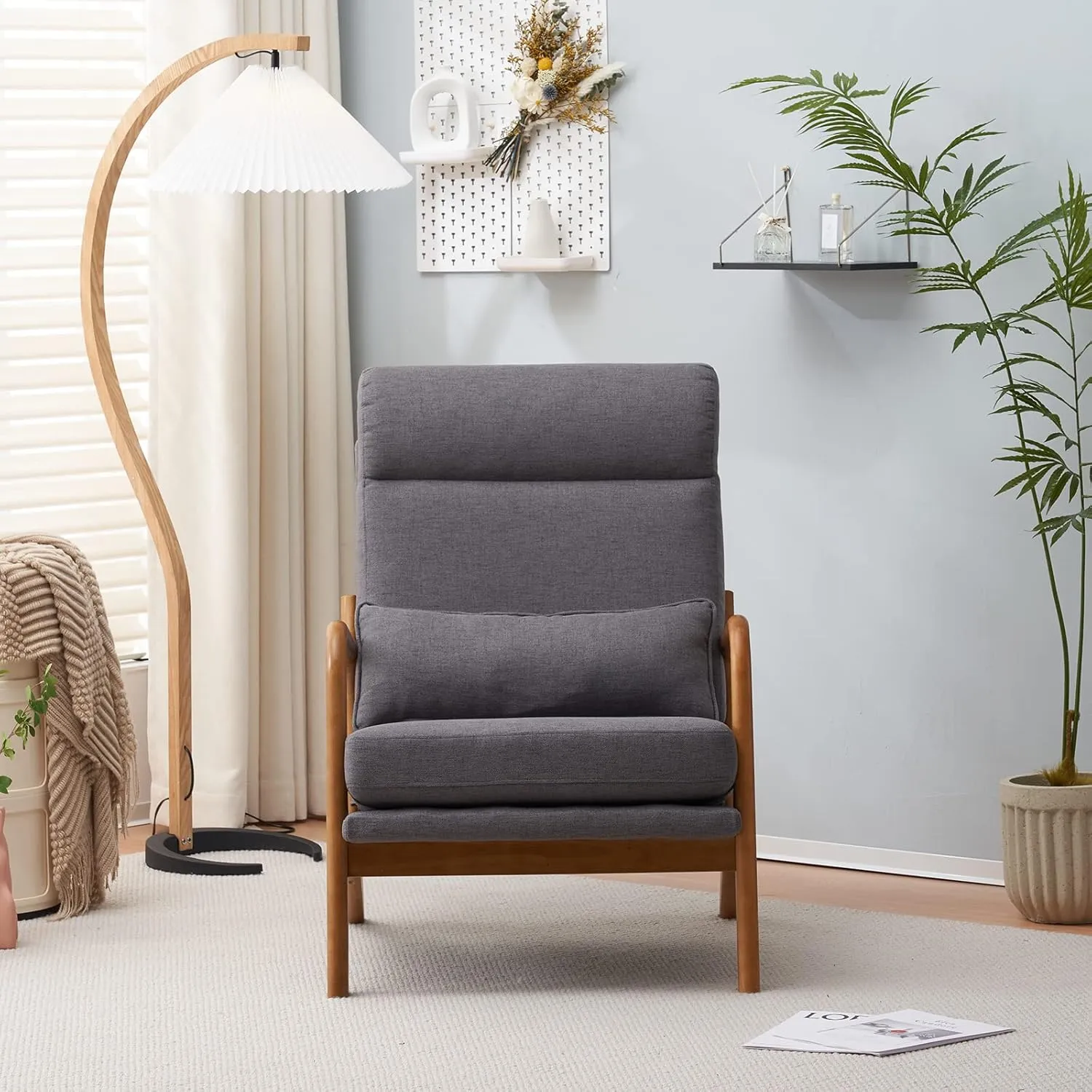 Bonnlo High Back Linen Dark Grey Mid Century Modern Accent Chair, Soild Wood Padding Lounge Armchairs Side Sitting Chairs for Living Room, Bedroom, Guest Room